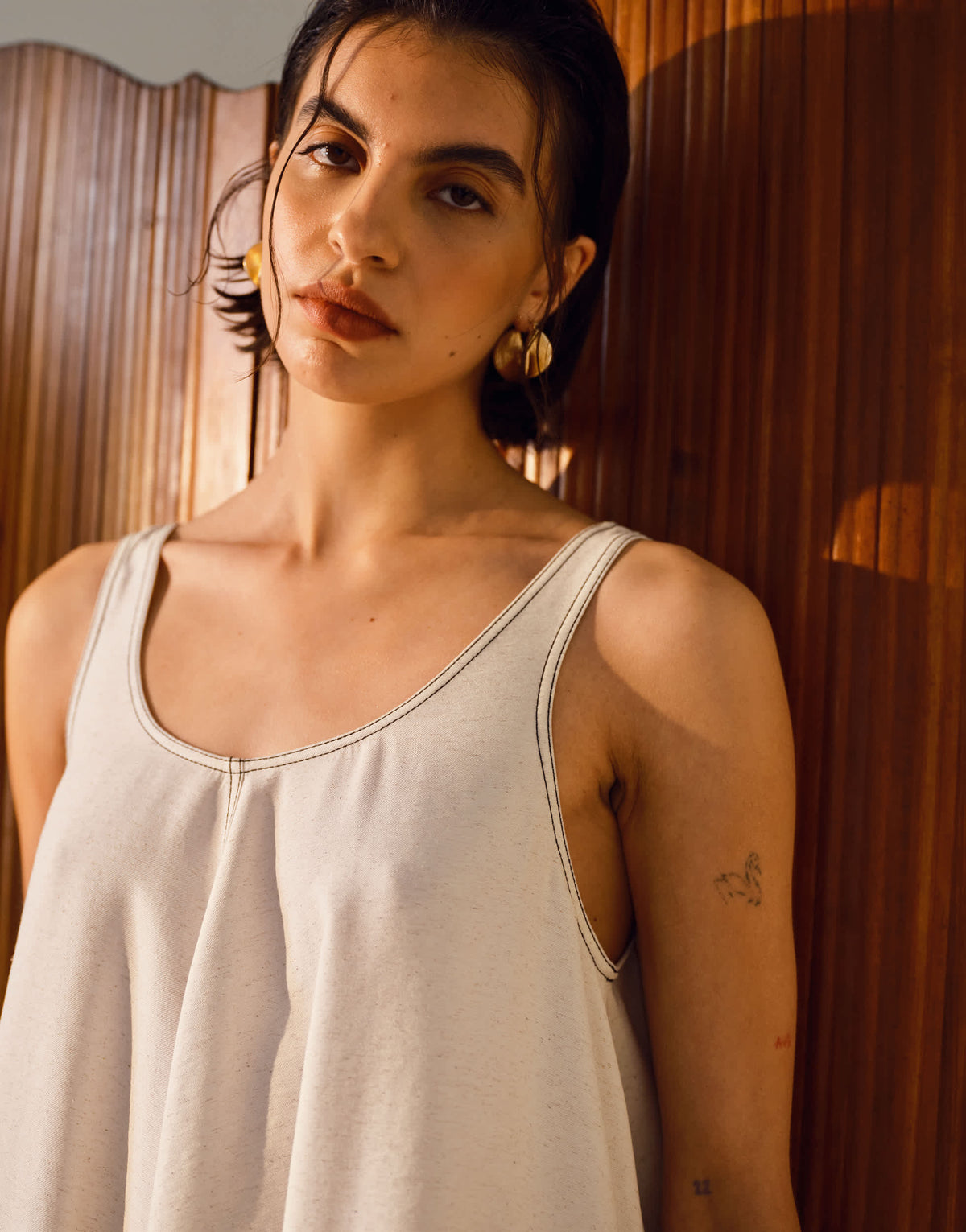 Topshop linen trapeze mini dress with deep hem in natural with contrast stitch