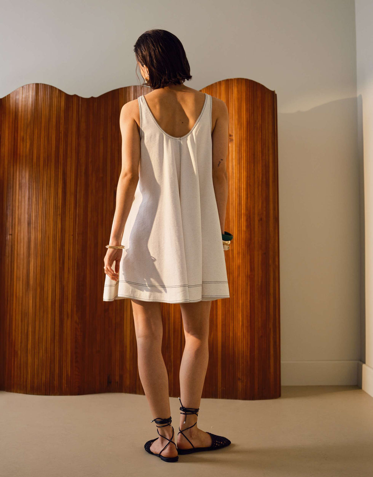 Topshop linen trapeze mini dress with deep hem in natural with contrast stitch