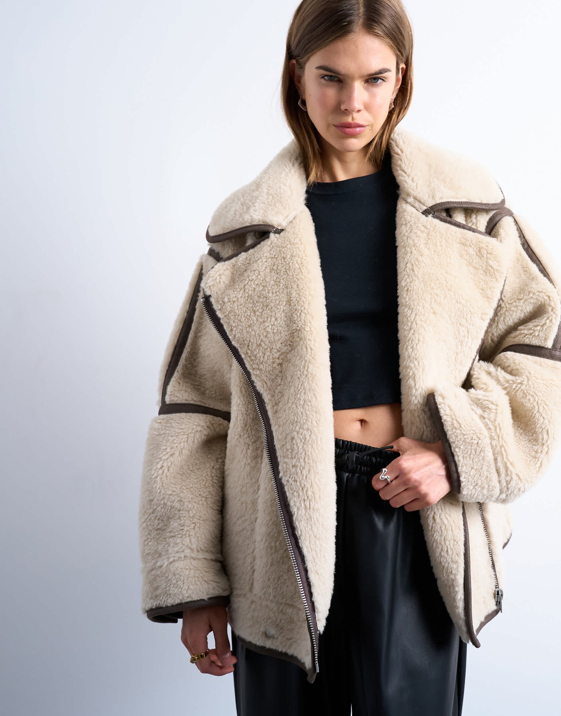 Topshop borg aviator oversized jacket in cream