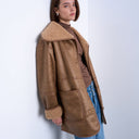 Topshop shearling oversized patch pocket mid length car coat in caramel