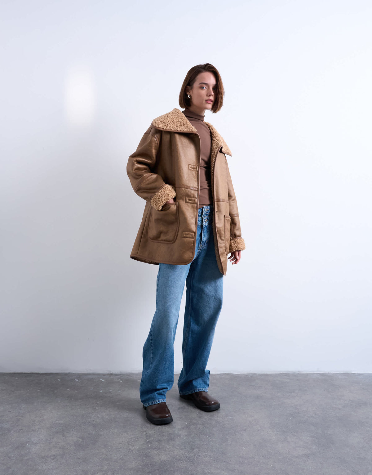 Topshop shearling oversized patch pocket mid length car coat in caramel