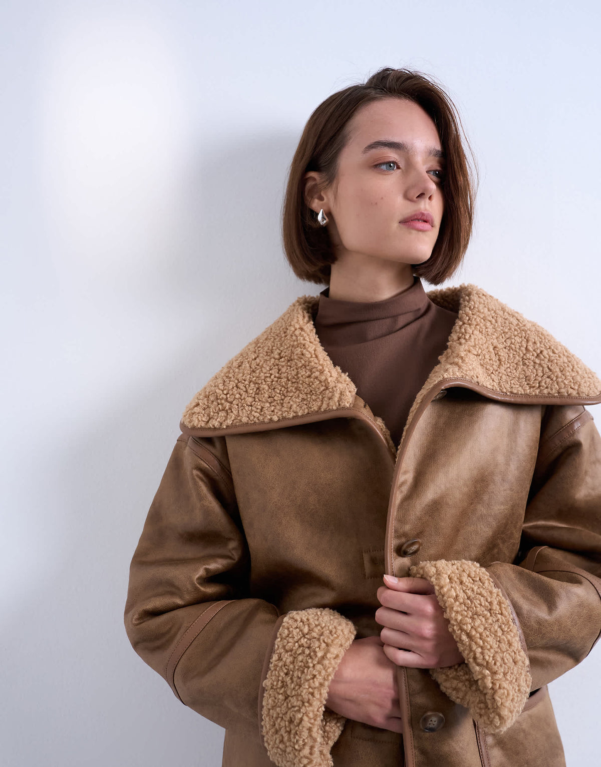 Topshop shearling oversized patch pocket mid length car coat in caramel