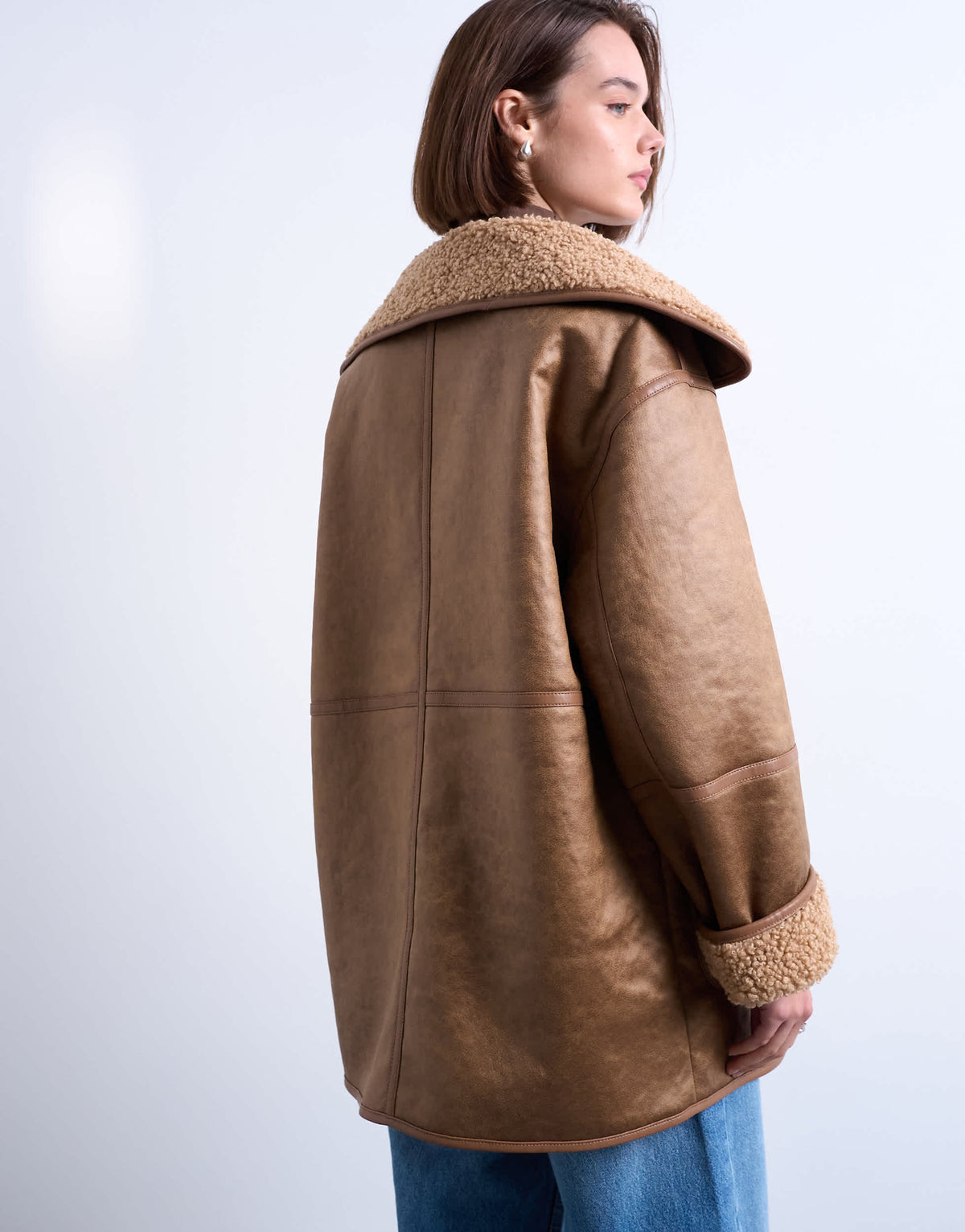 Topshop shearling oversized patch pocket mid length car coat in caramel