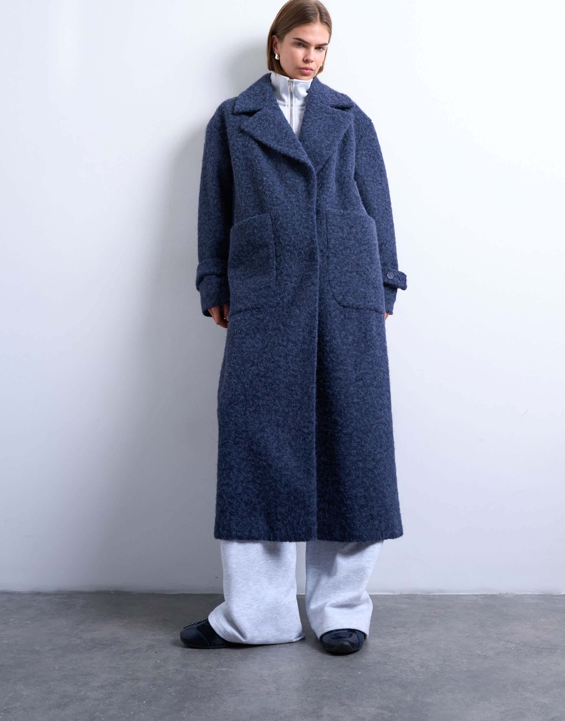 Topshop unlined soft brushed chuck on longline coat in navy