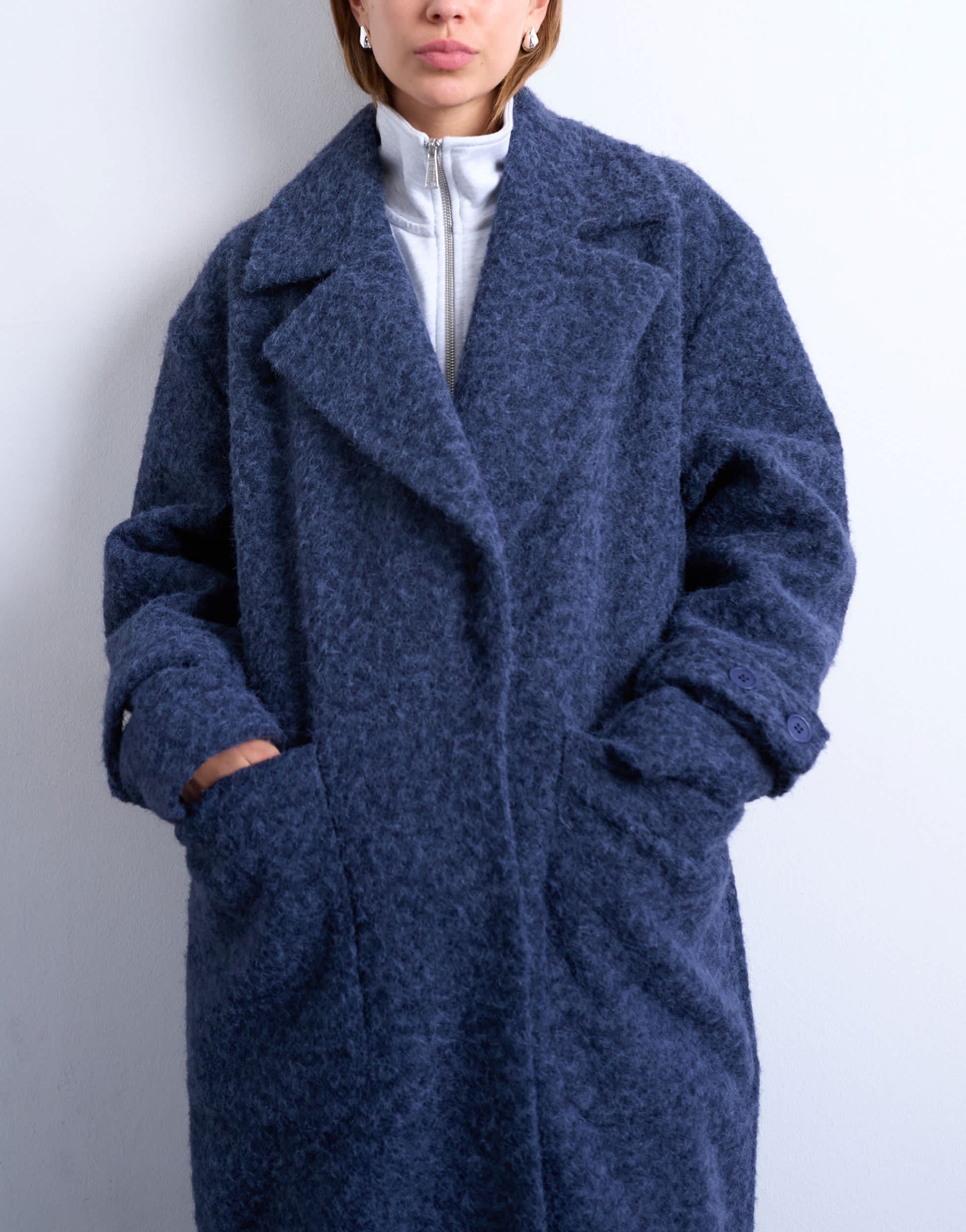 Topshop unlined soft brushed chuck on longline coat in navy