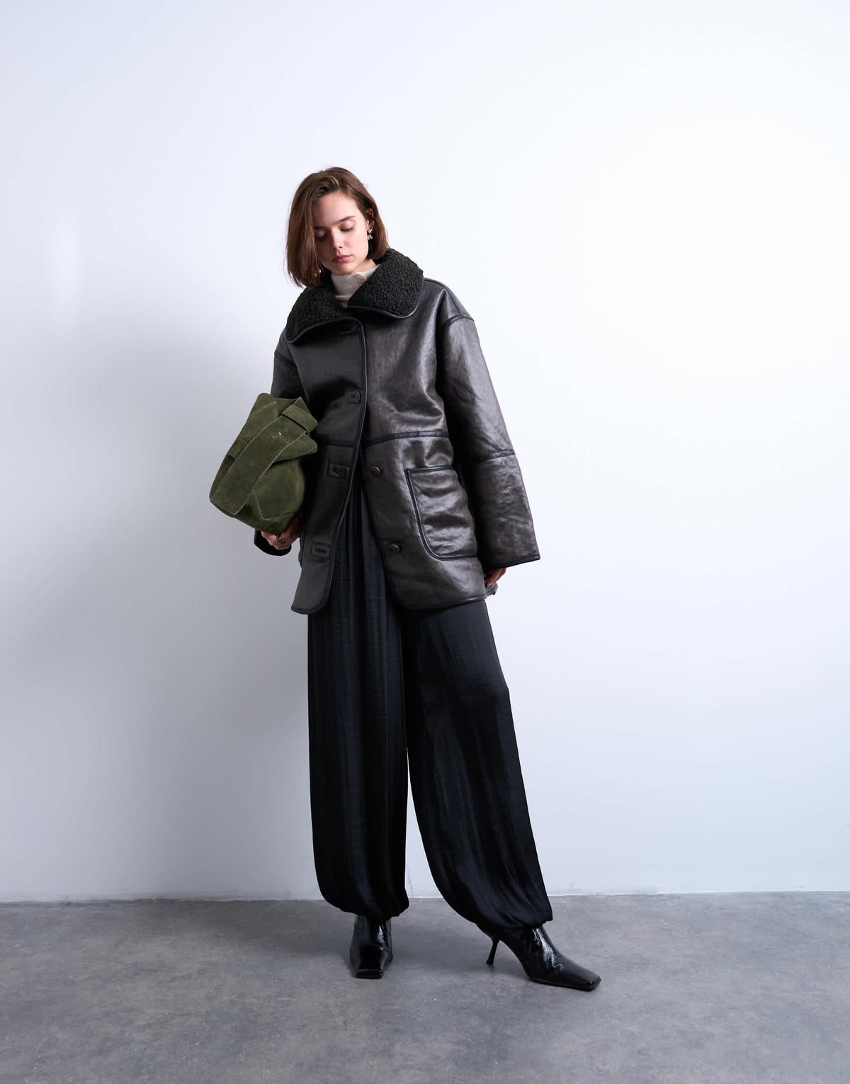 Topshop shearling oversized patch pocket mid length funnel neck car coat in black