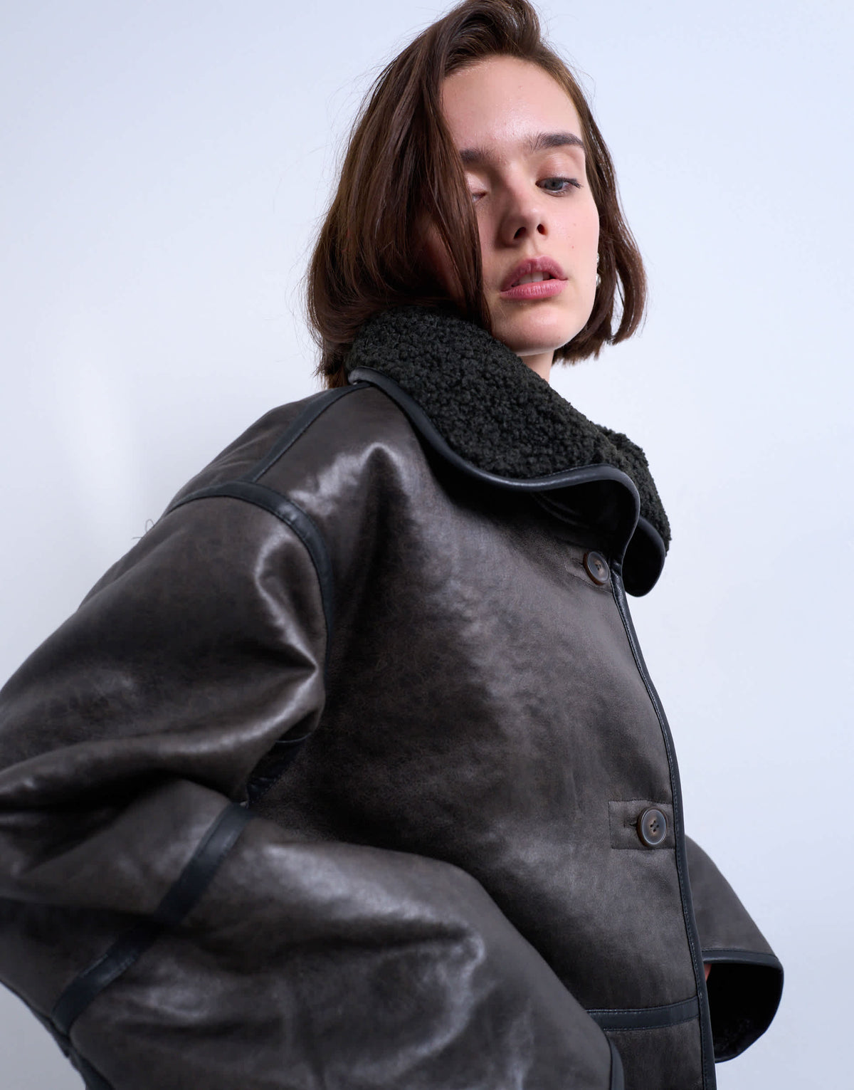 Topshop shearling oversized patch pocket mid length funnel neck car coat in black