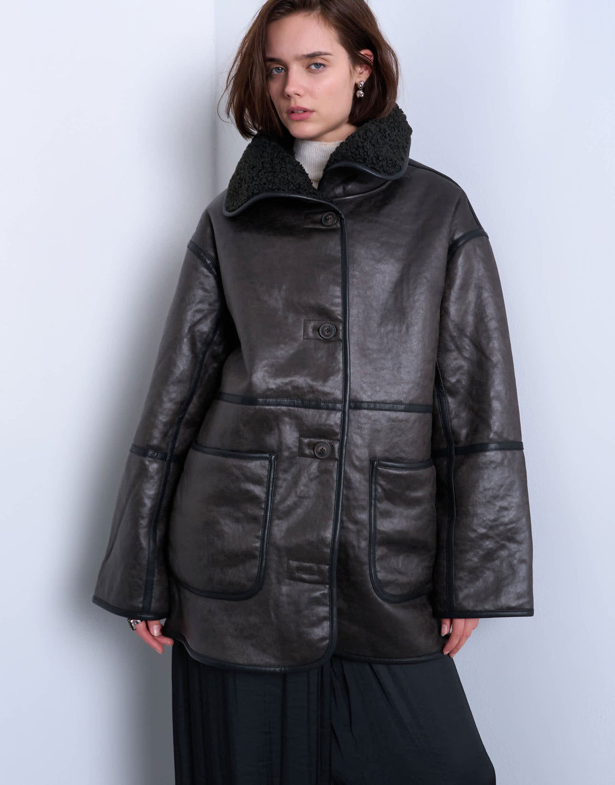 Topshop shearling oversized patch pocket mid length funnel neck car coat in black
