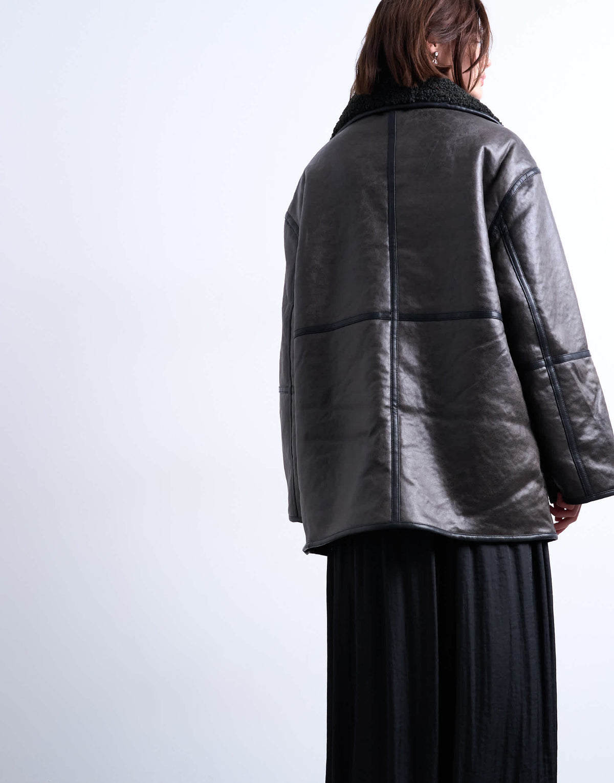 Topshop shearling oversized patch pocket mid length funnel neck car coat in black