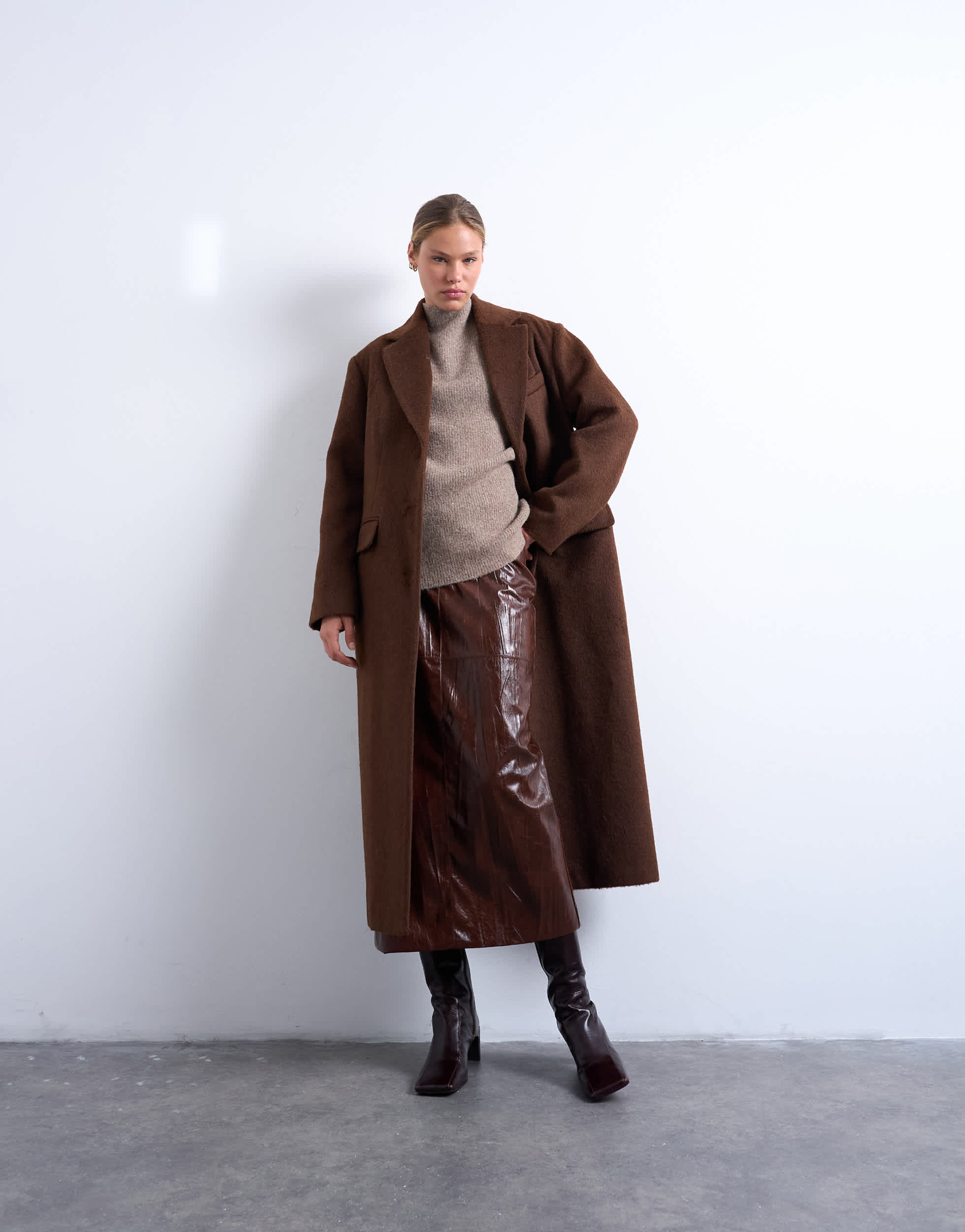 Manteau blazer long Topshop à trois boutons en cuir brossé couleur chocolat