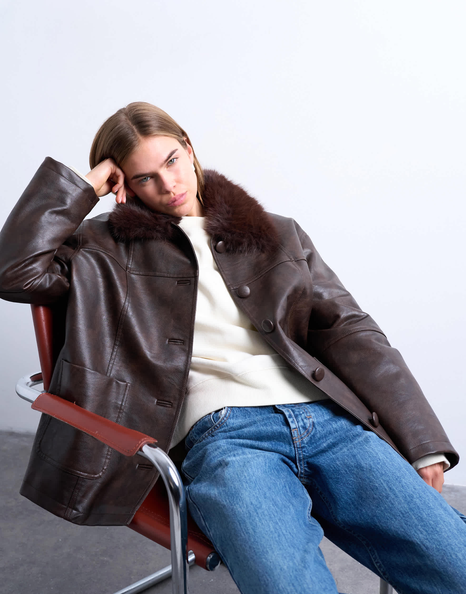 Topshop faux leather with detachable faux fur collar button thru padded shacket in washed brown