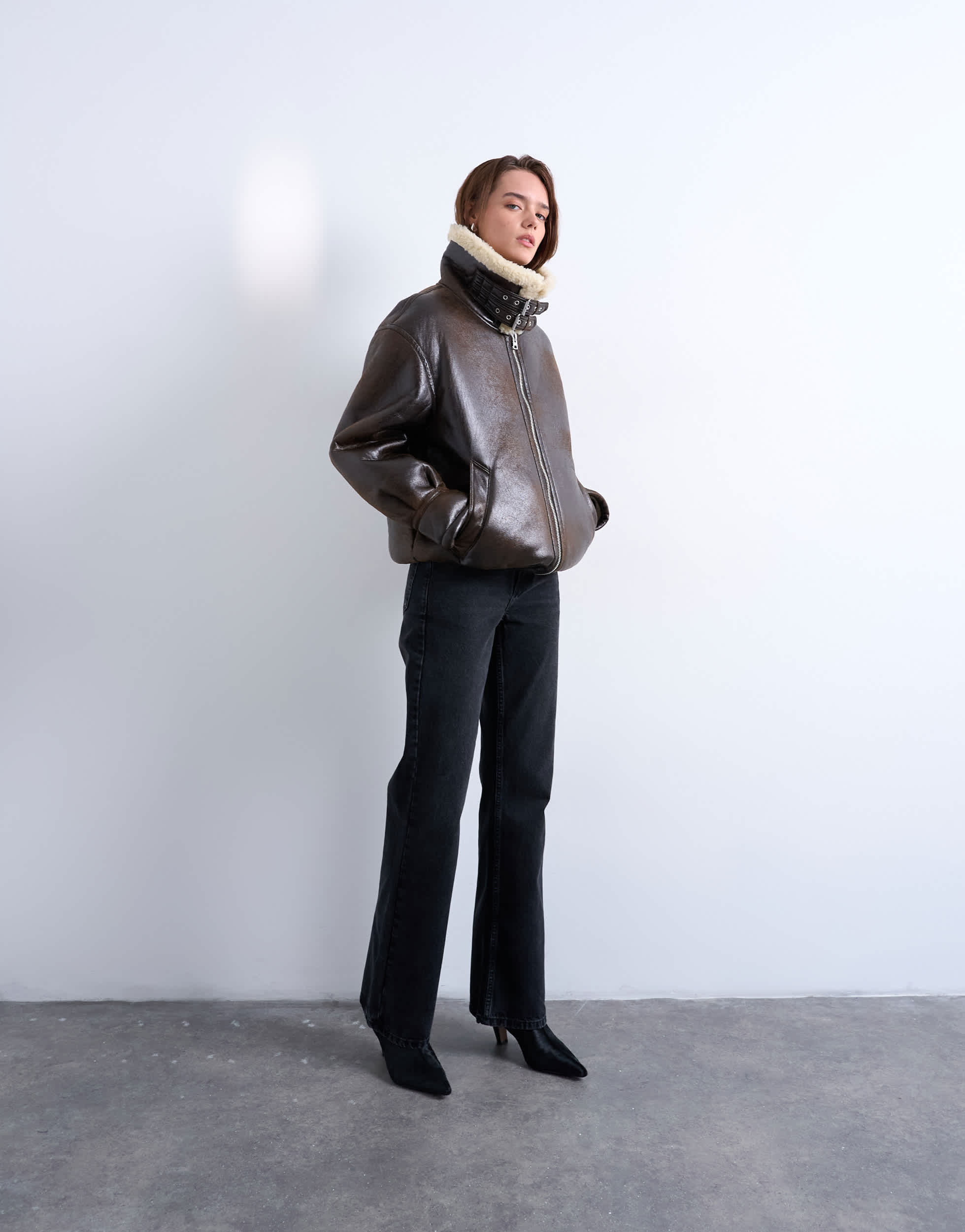Topshop oversized funnel tab detail shearling bomber in brown