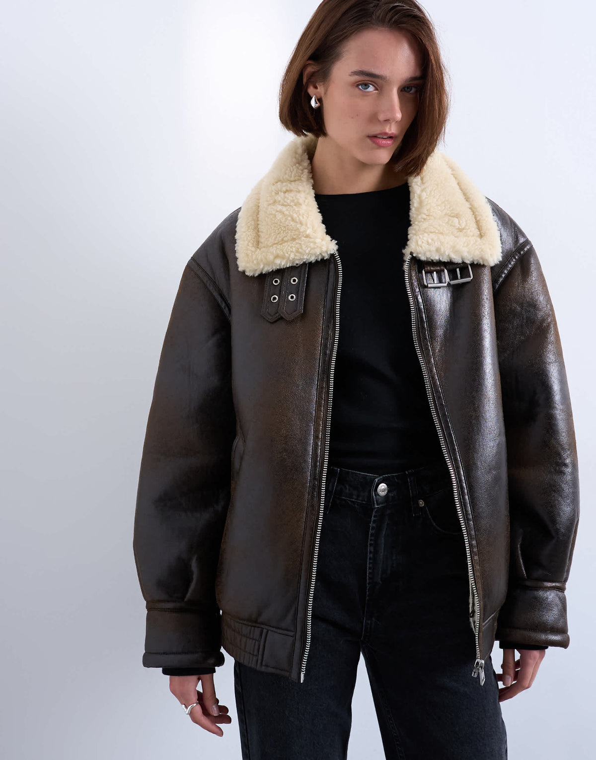 Topshop oversized funnel tab detail shearling bomber in brown