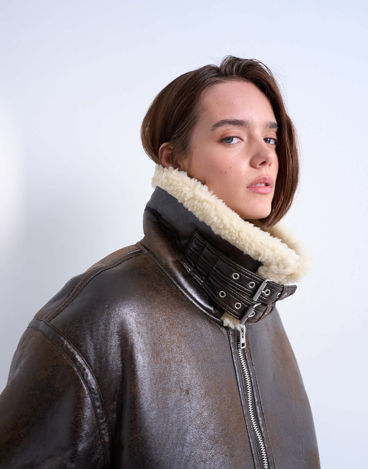 Topshop oversized funnel tab detail shearling bomber in brown