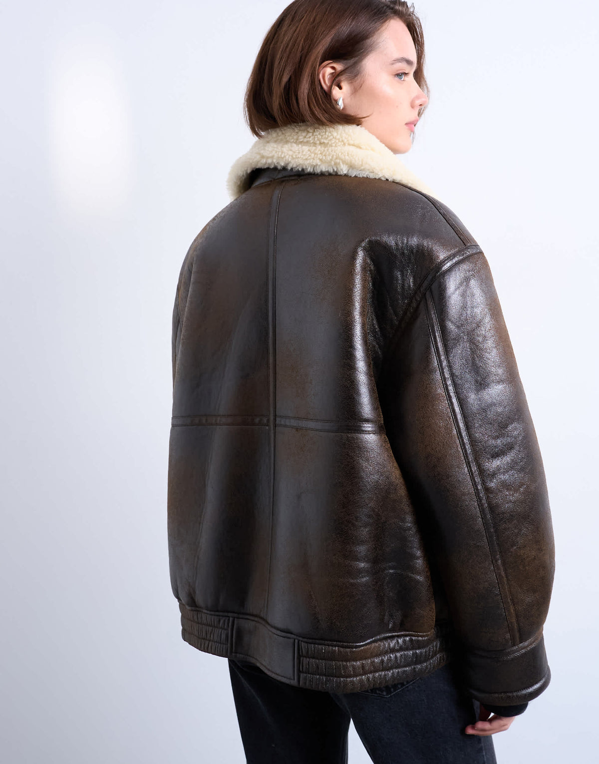 Topshop oversized funnel tab detail shearling bomber in brown