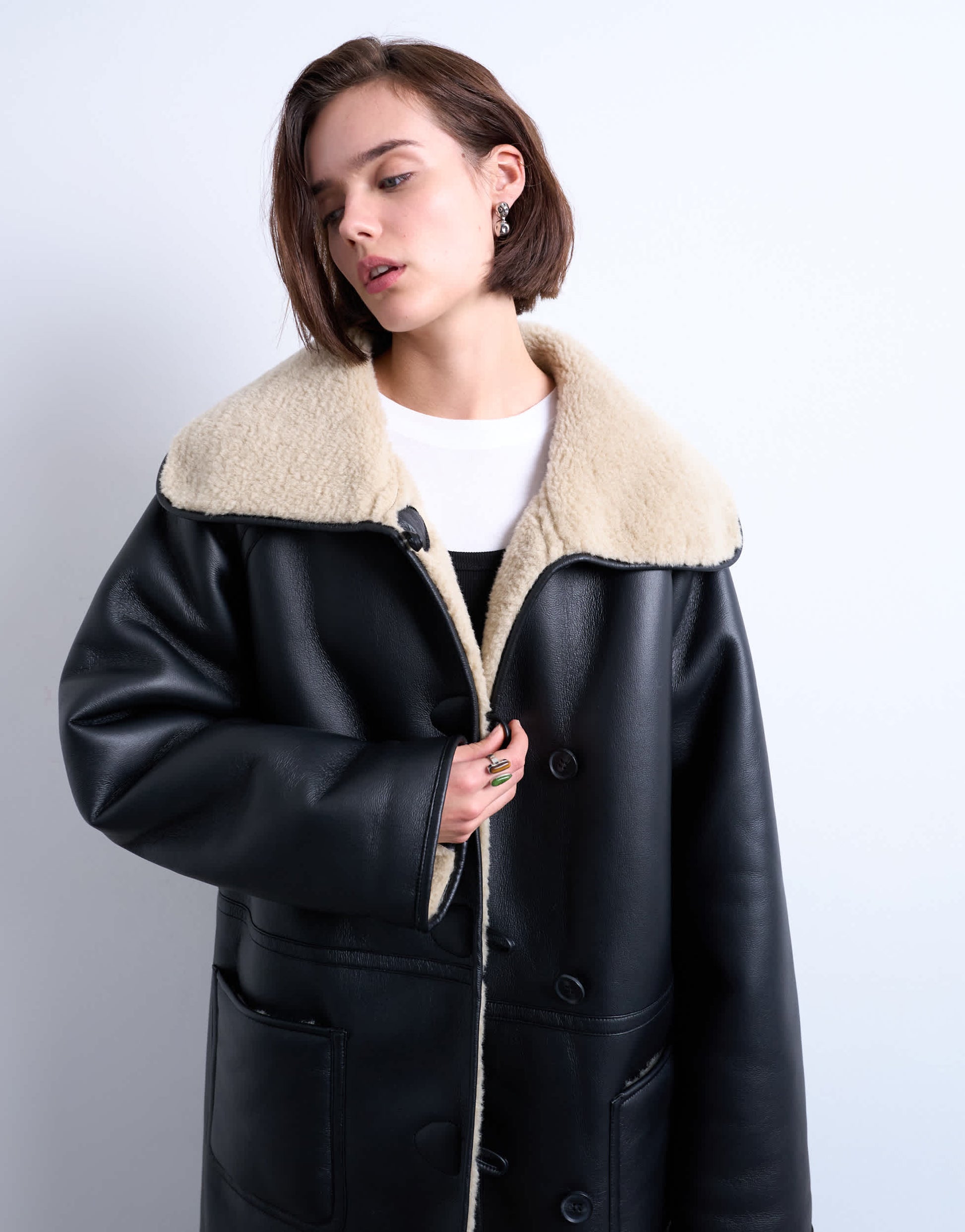Topshop oversized longline coat in black and cream