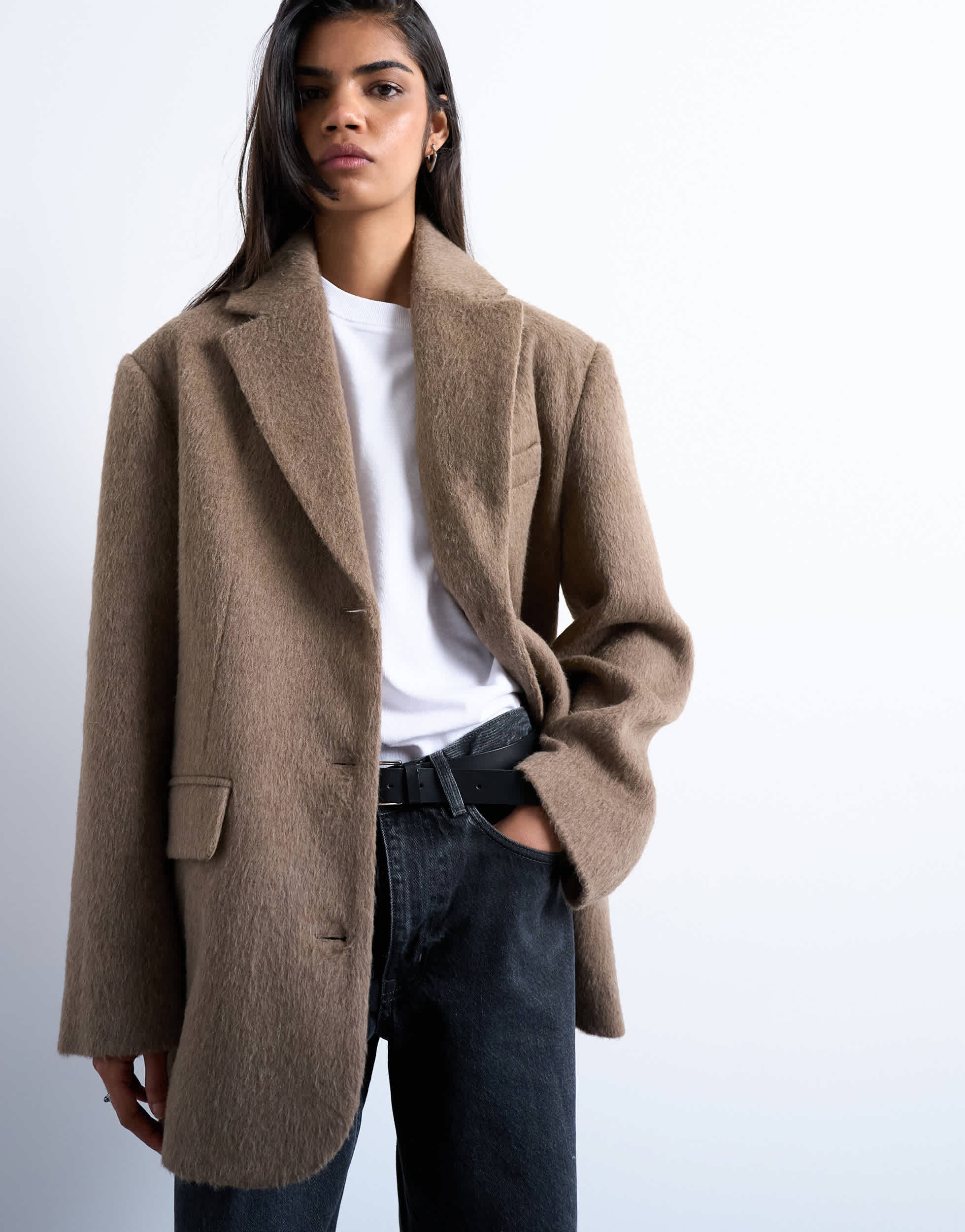 Topshop Blazer-Mantel aus gebürstetem Leder mit drei Knöpfen in Kamelfarbe