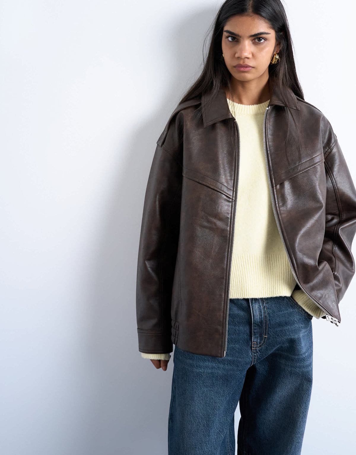 Topshop faux leather vintage wash seam detail zip thru oversized bomber jacket in washed brown