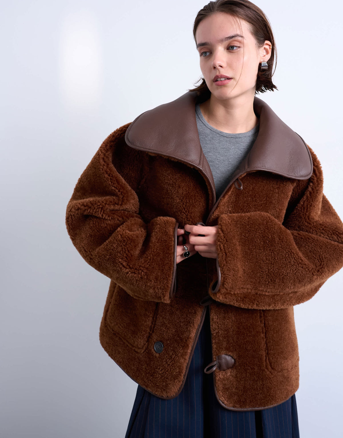 Topshop shearling oversized reversible coat with button loop in chocolate