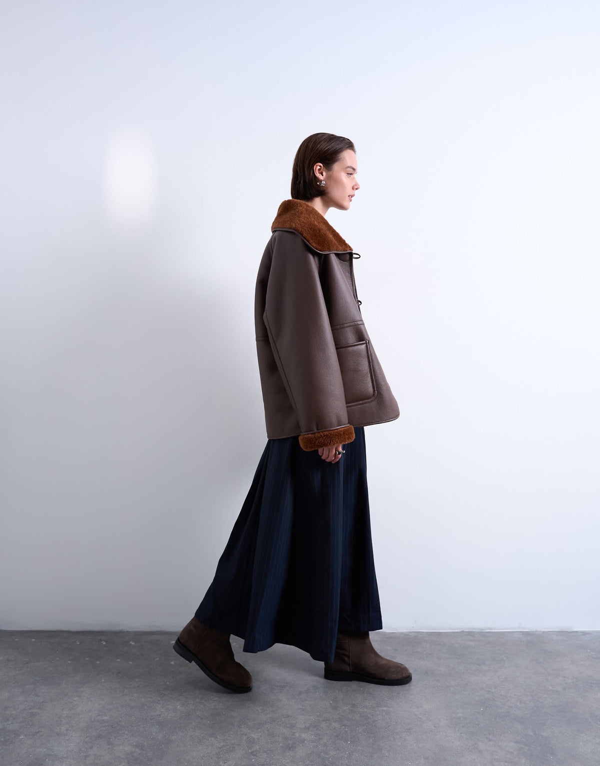 Topshop shearling oversized reversible coat with button loop in chocolate