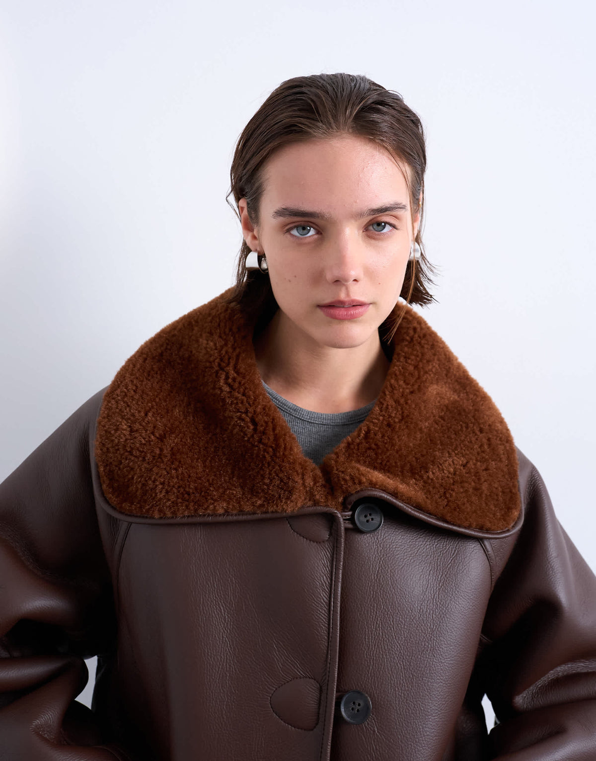 Topshop shearling oversized reversible coat with button loop in chocolate