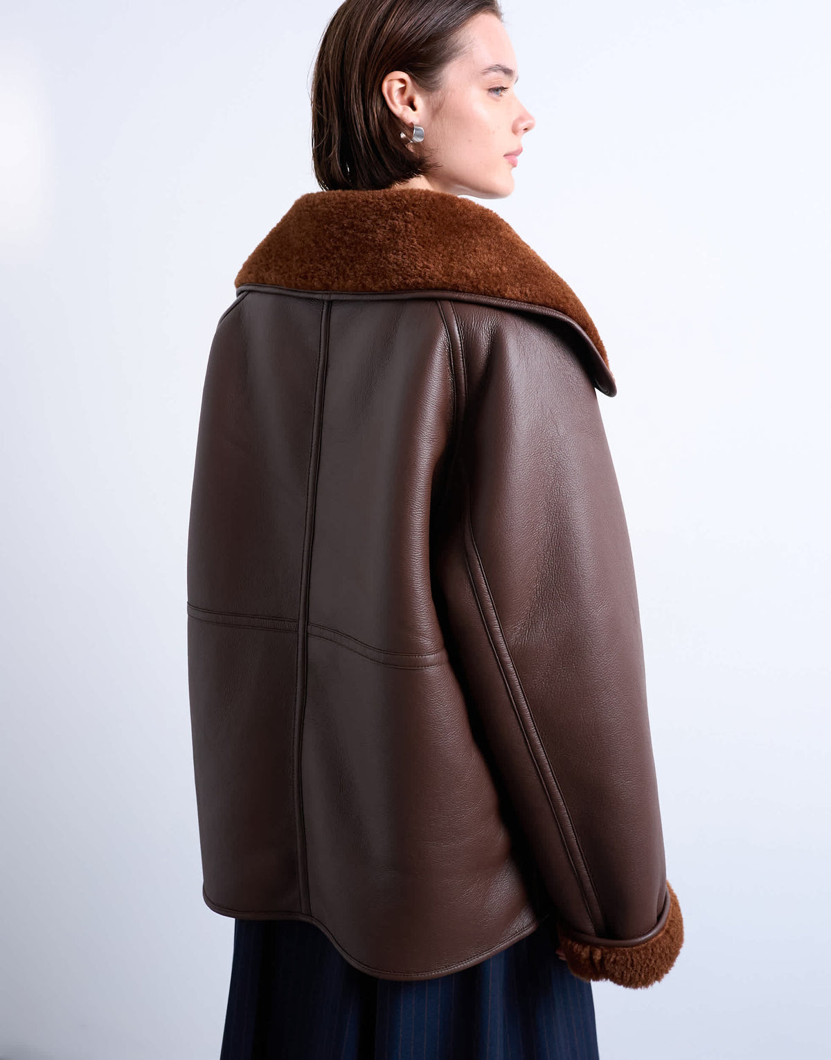 Topshop shearling oversized reversible coat with button loop in chocolate