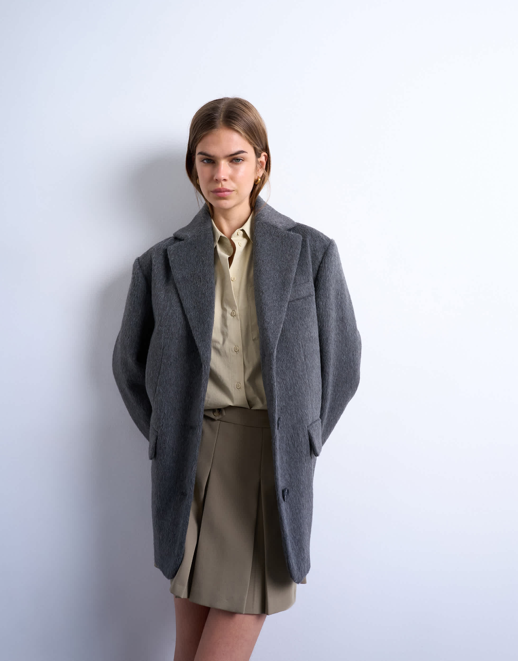 Topshop Blazer-Mantel aus gebürstetem Leder mit drei Knöpfen in Anthrazit