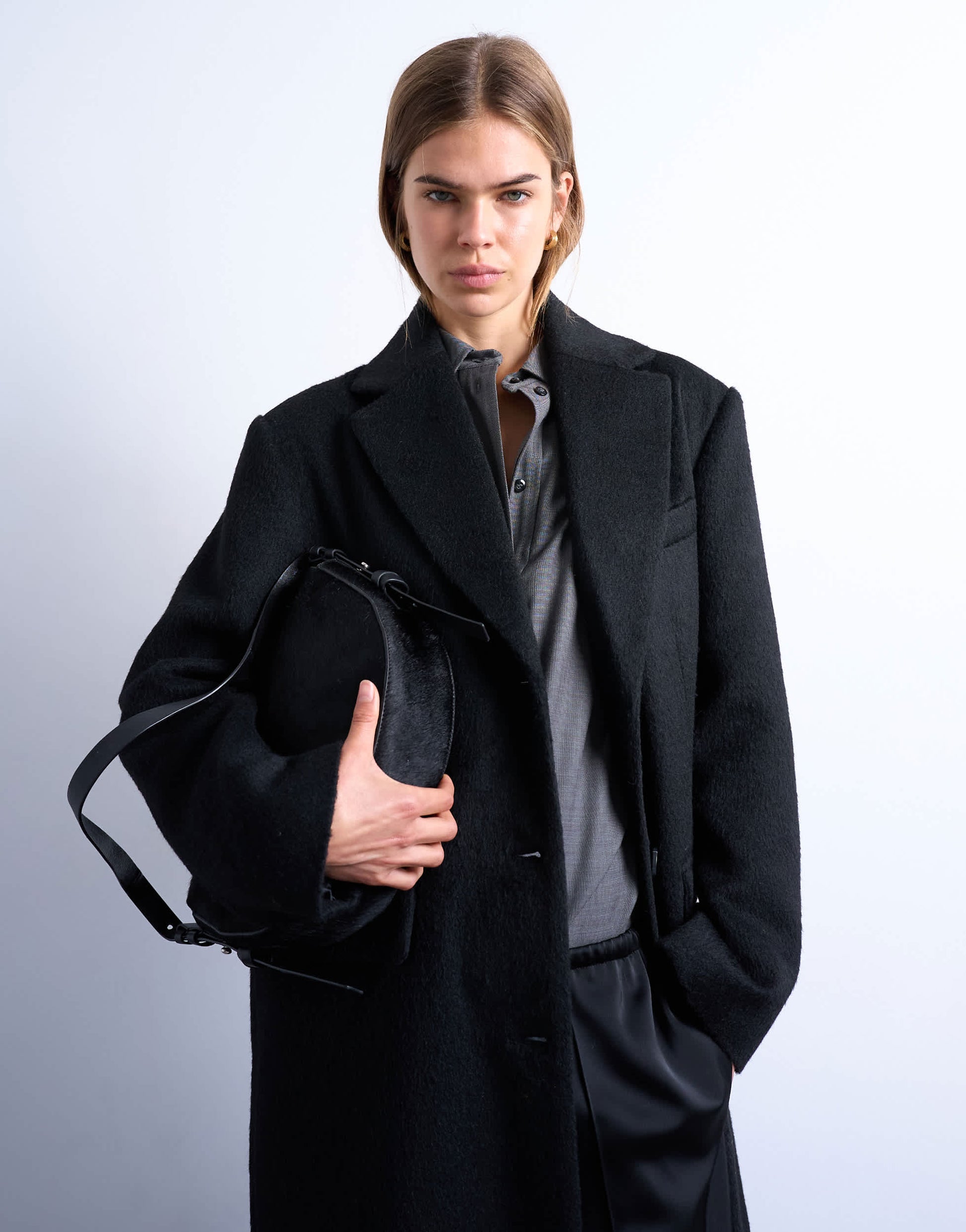 Topshop brushed three button longline blazer coat in black