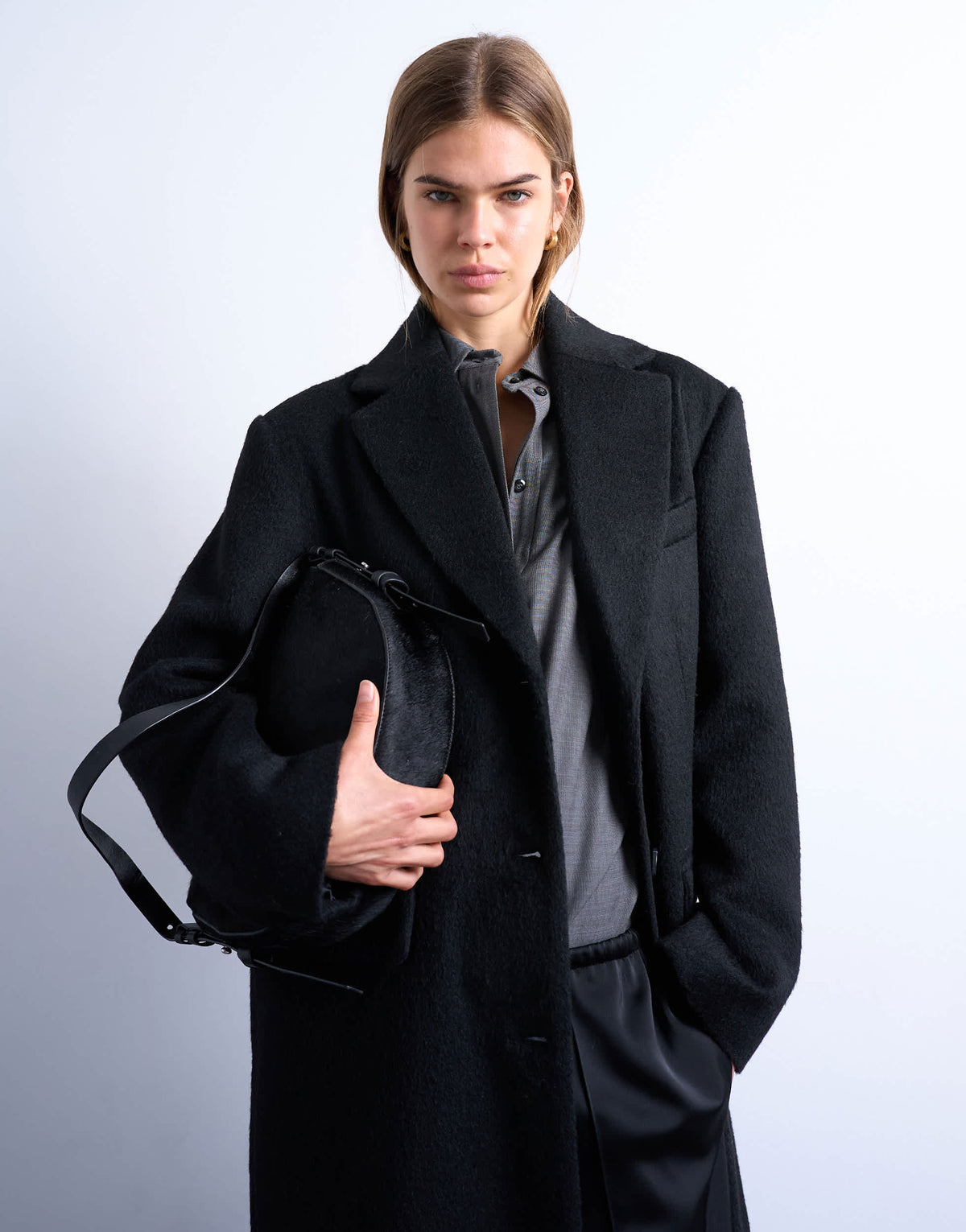 Topshop brushed three button longline blazer coat in black