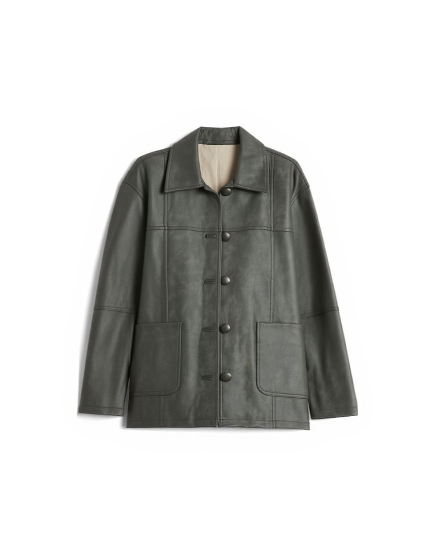 Topshop faux leather collar button thru padded shacket in green