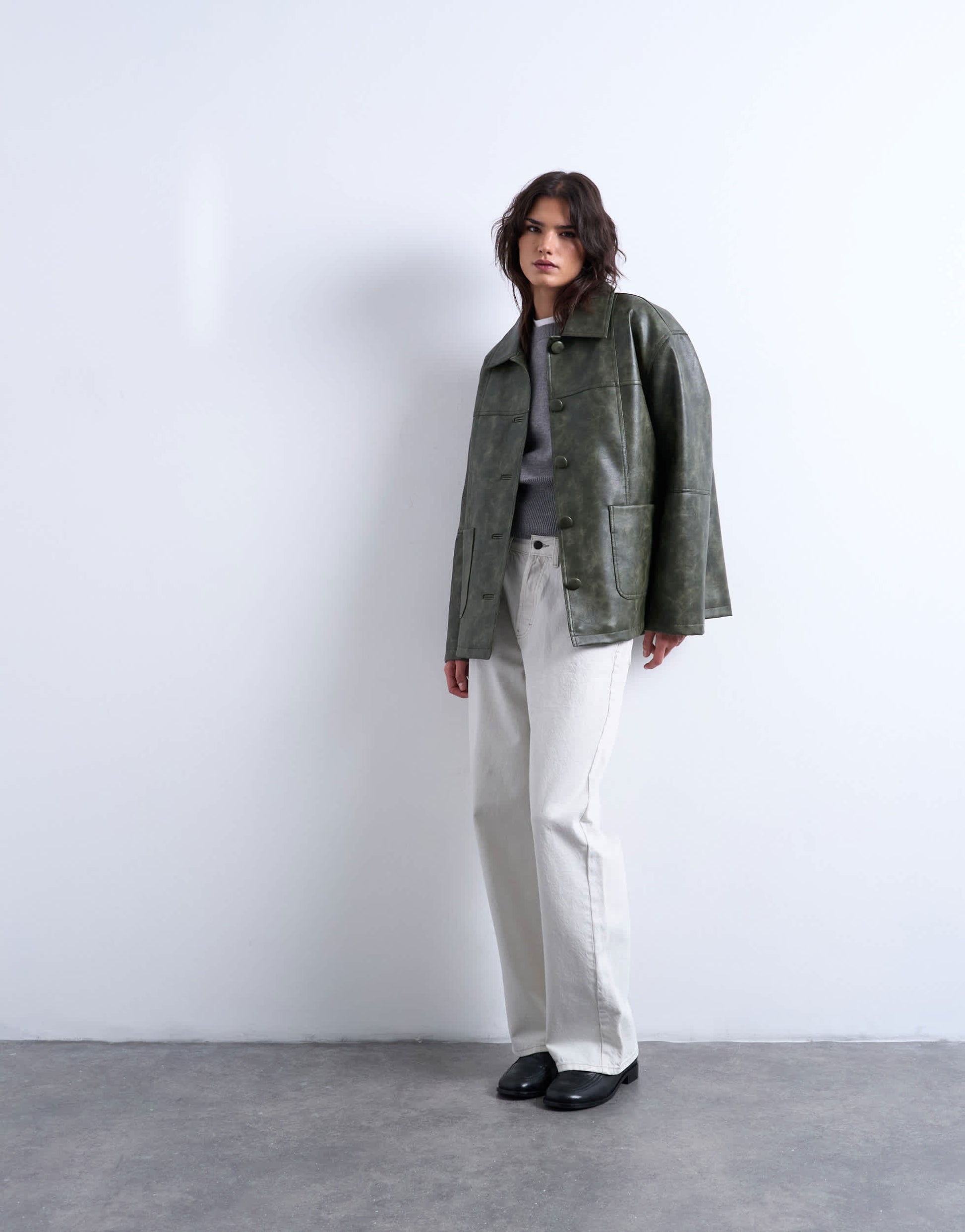 Topshop faux leather collar button thru padded shacket in green
