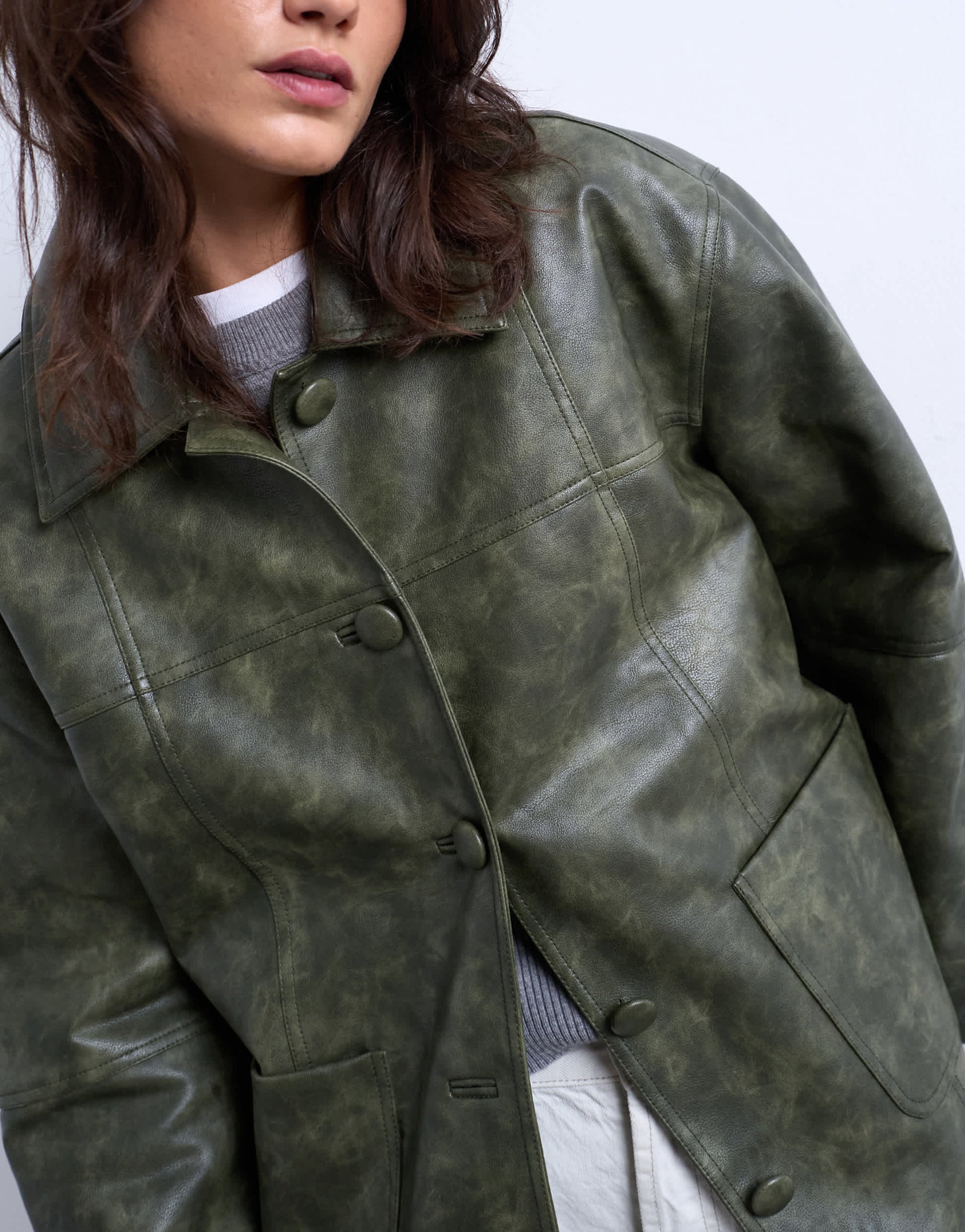 Topshop faux leather collar button thru padded shacket in green
