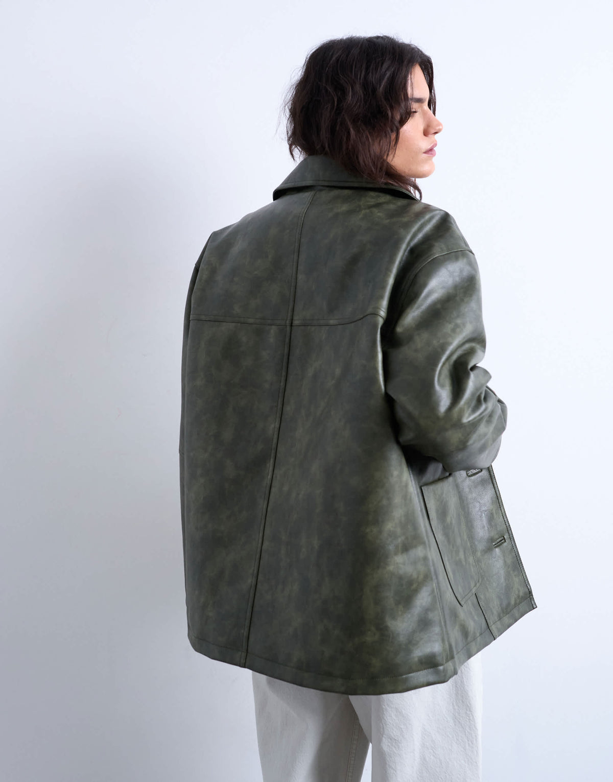 Topshop faux leather collar button thru padded shacket in green