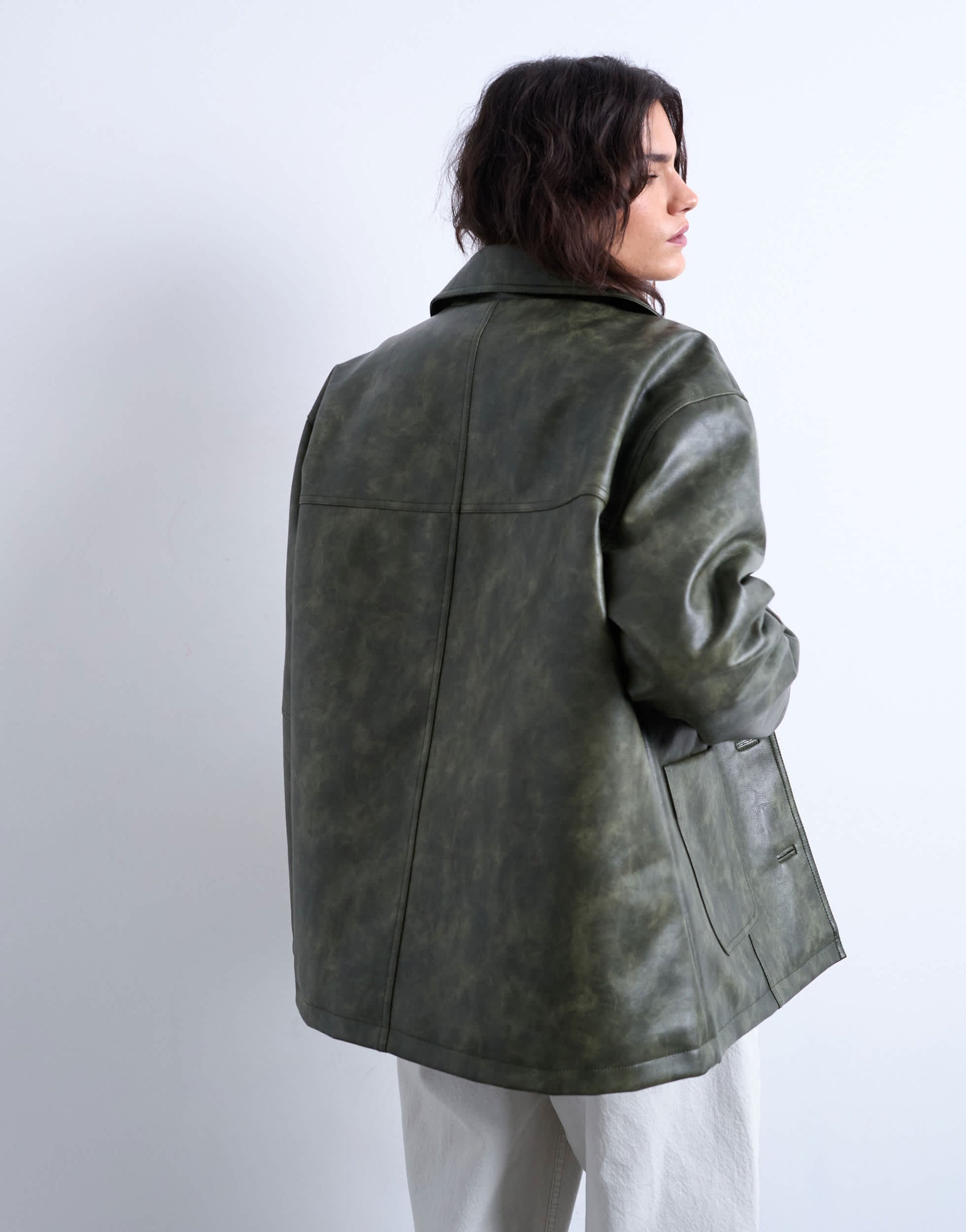 Topshop faux leather collar button thru padded shacket in green