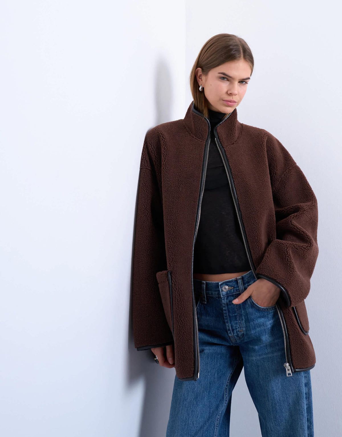 Topshop longline high neck chuck on shearling in chocolate