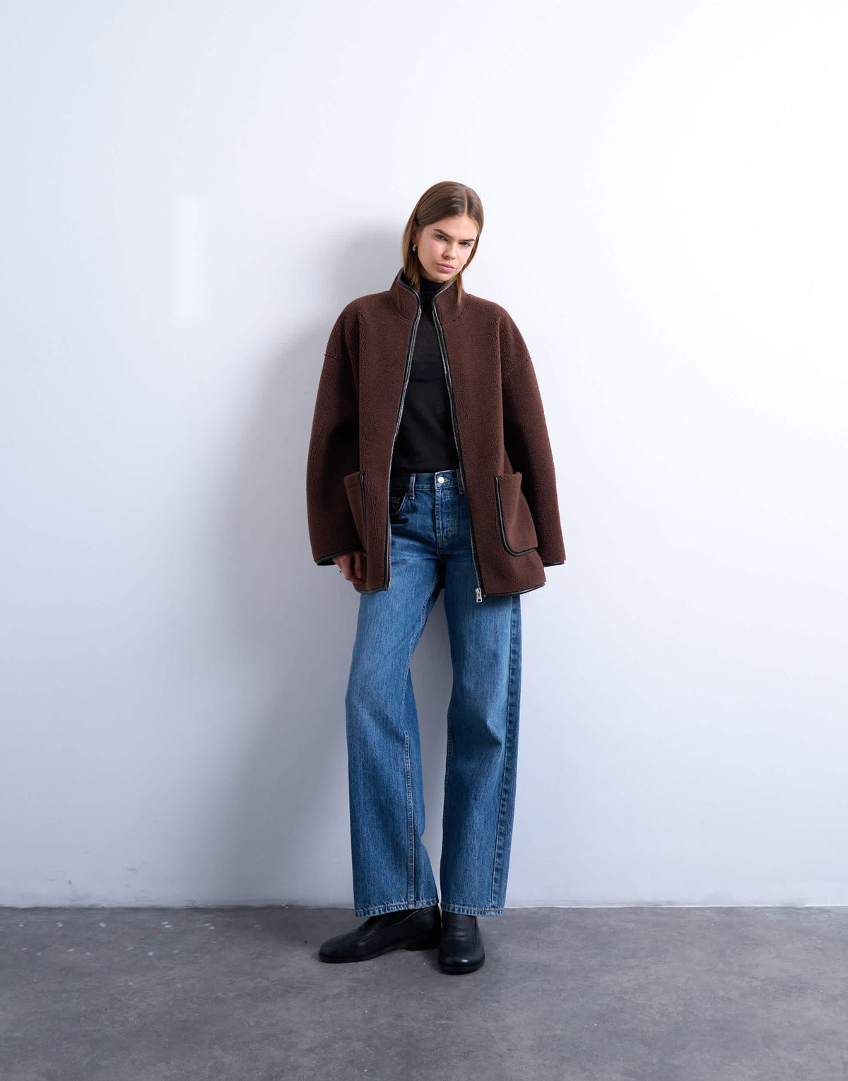 Topshop longline high neck chuck on shearling in chocolate