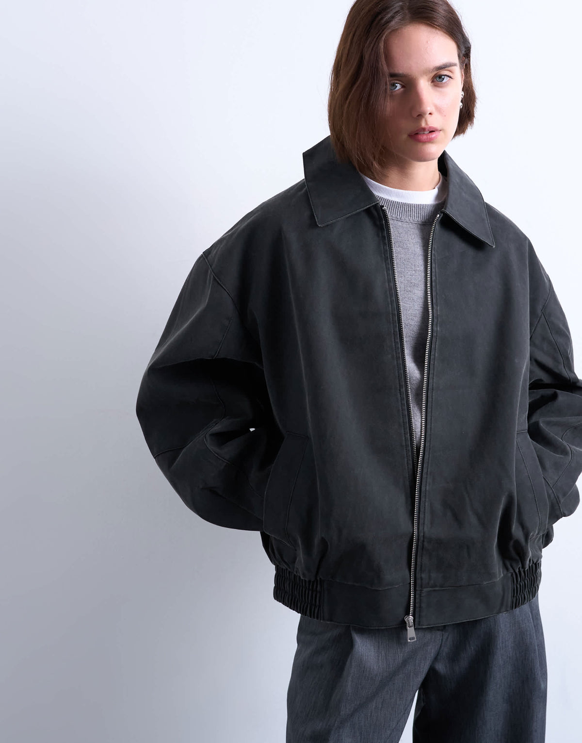 Topshop faux suede super oversized quilted lined bomber jacket with patch pockets in washed black