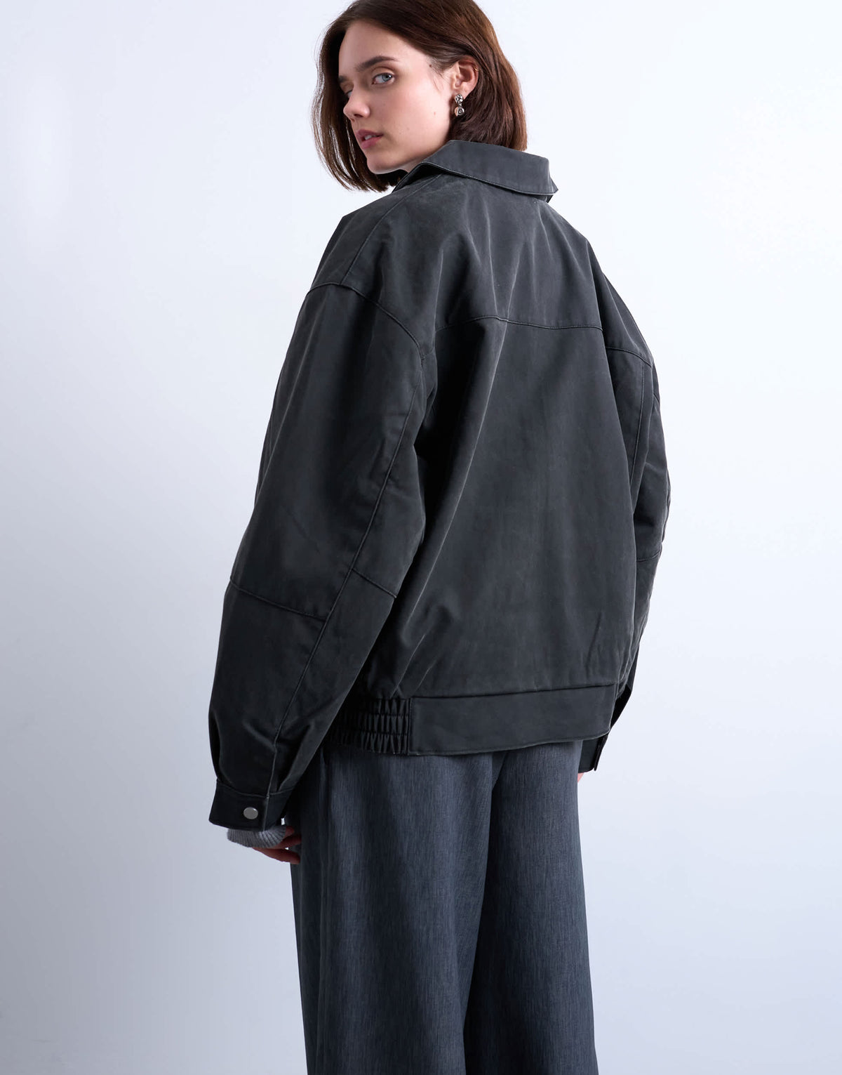 Topshop faux suede super oversized quilted lined bomber jacket with patch pockets in washed black