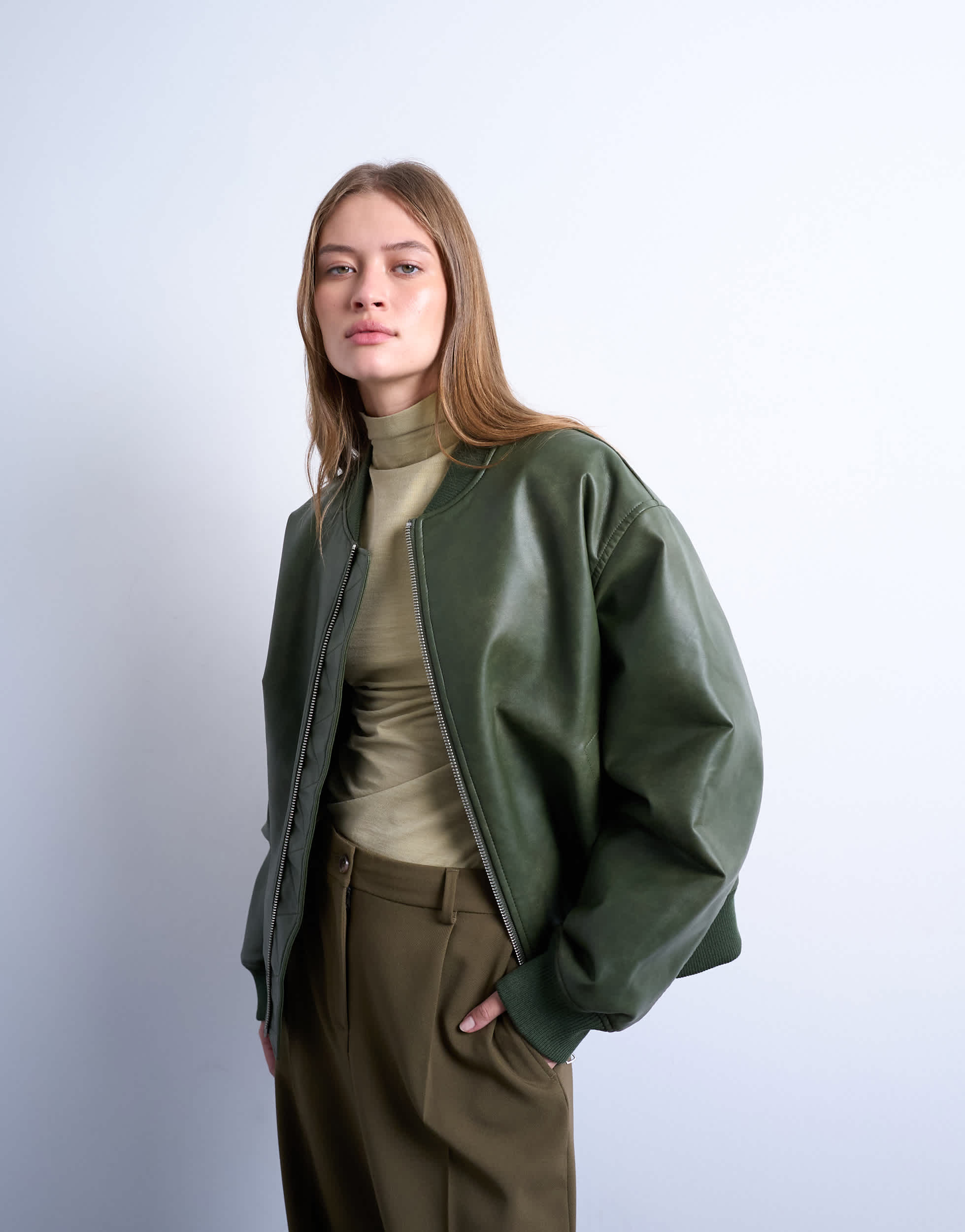 Topshop faux leather vintage wash oversized collarless bomber jacket in green