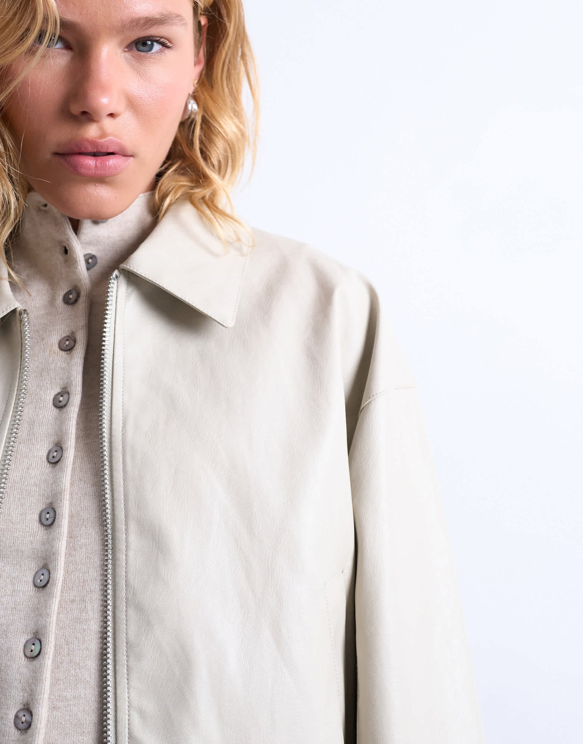 Topshop faux leather drop shoulder cropped zip thru jacket in ecru
