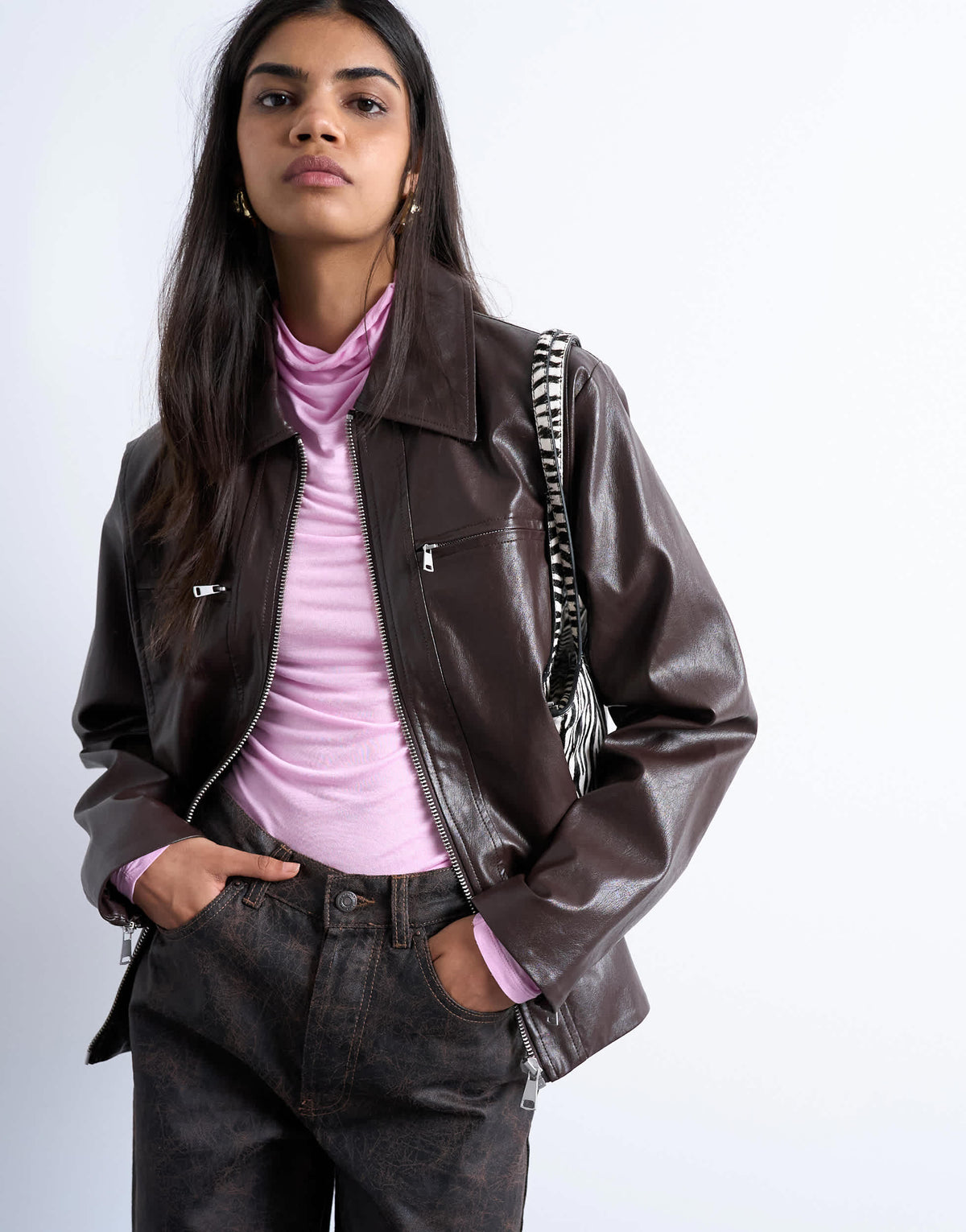 Topshop faux leather clean zip through jacket in deep burgundy