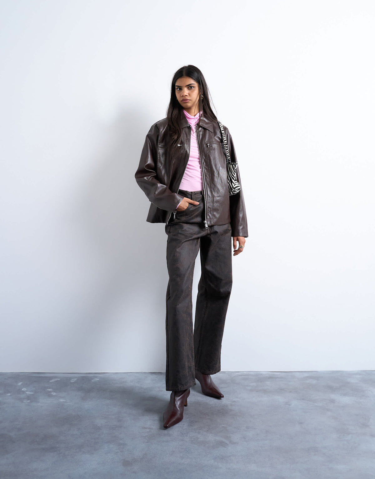 Topshop faux leather clean zip through jacket in deep burgundy