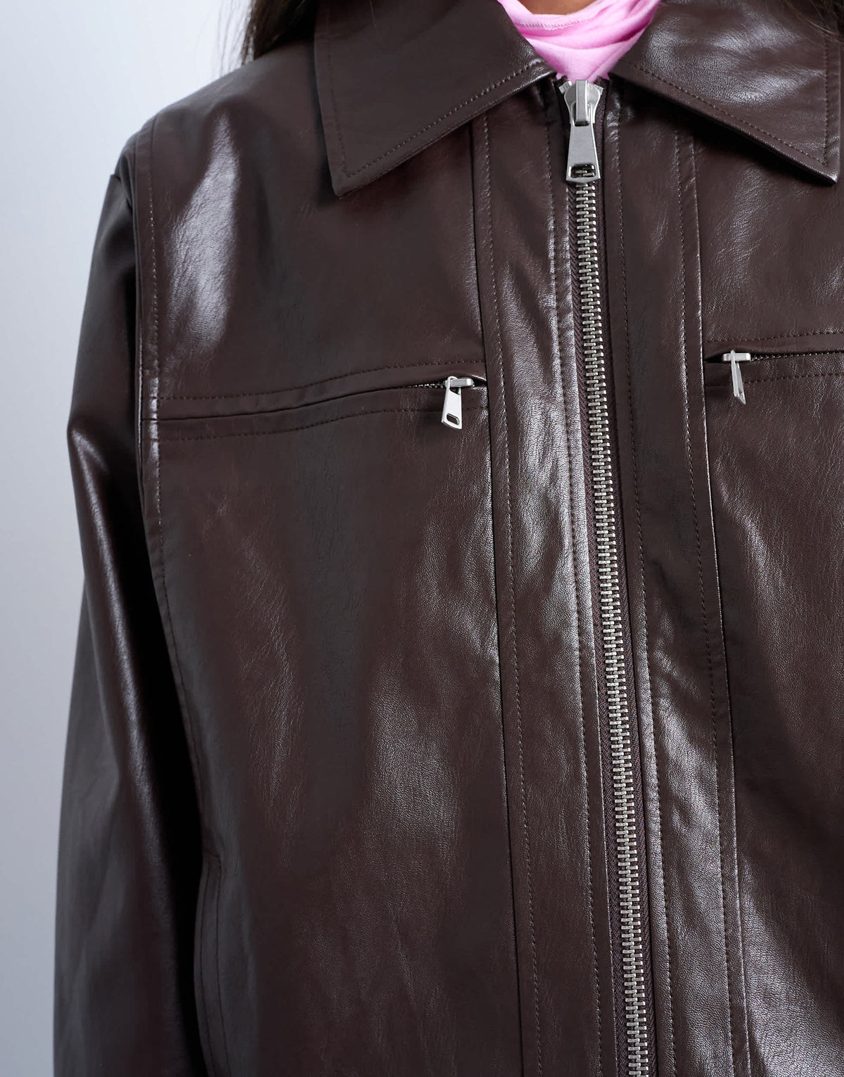 Topshop faux leather clean zip through jacket in deep burgundy