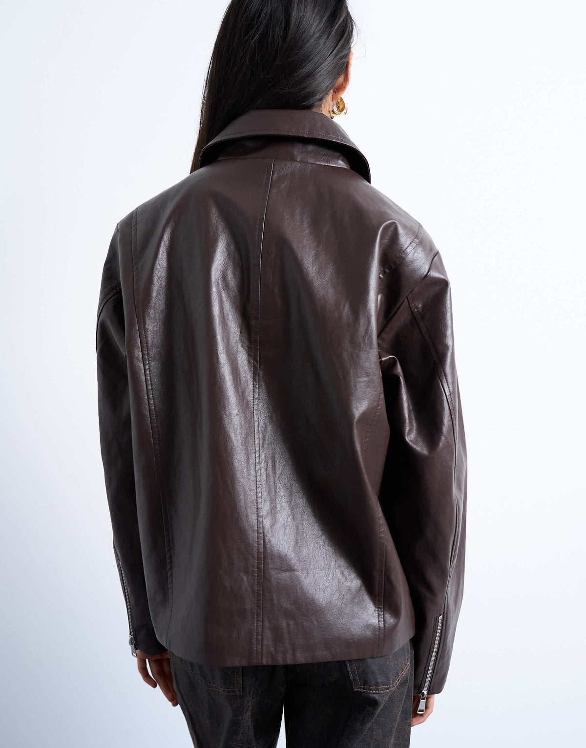 Topshop faux leather clean zip through jacket in deep burgundy