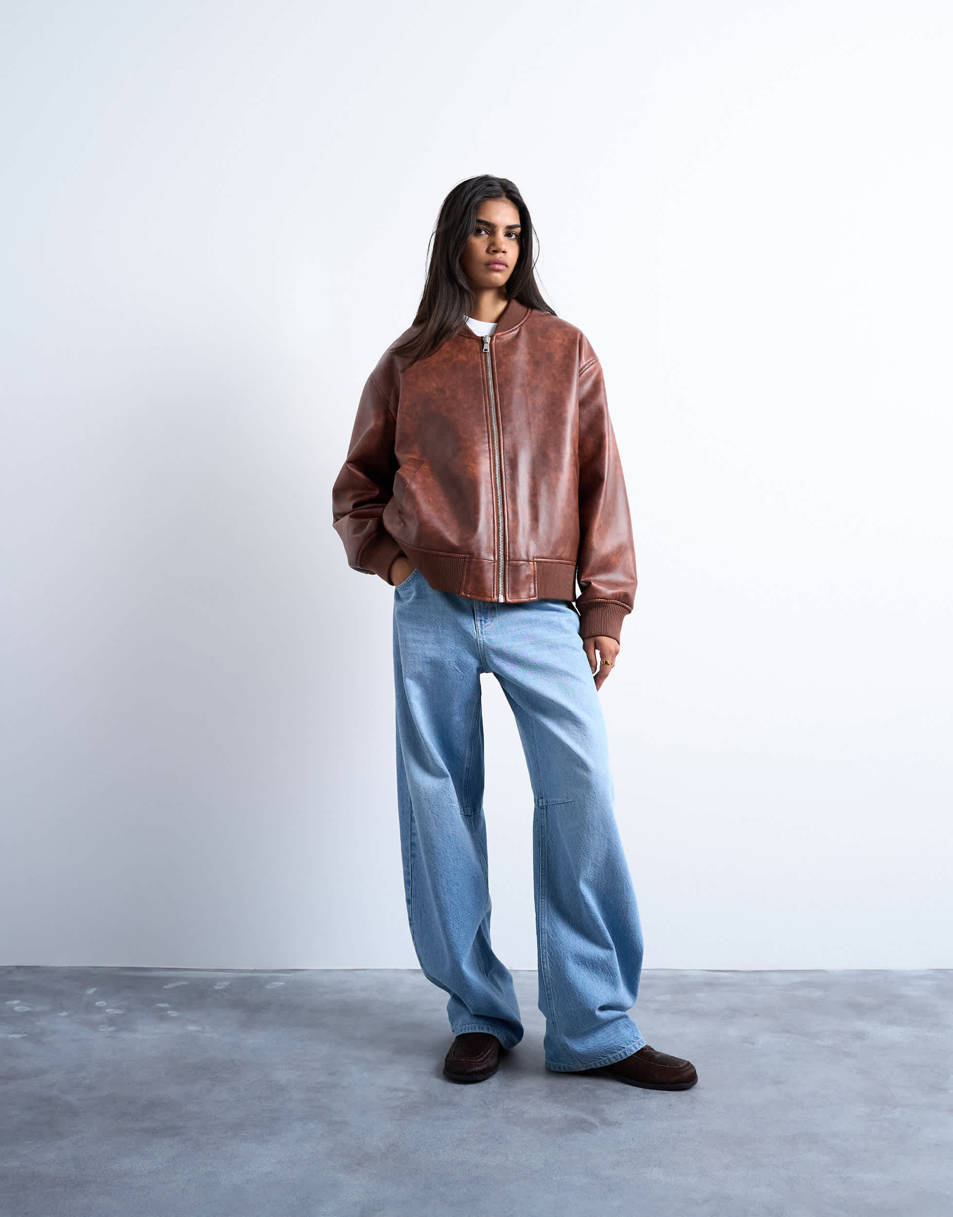 Topshop faux leather vintage wash oversized collarless bomber jacket in tan