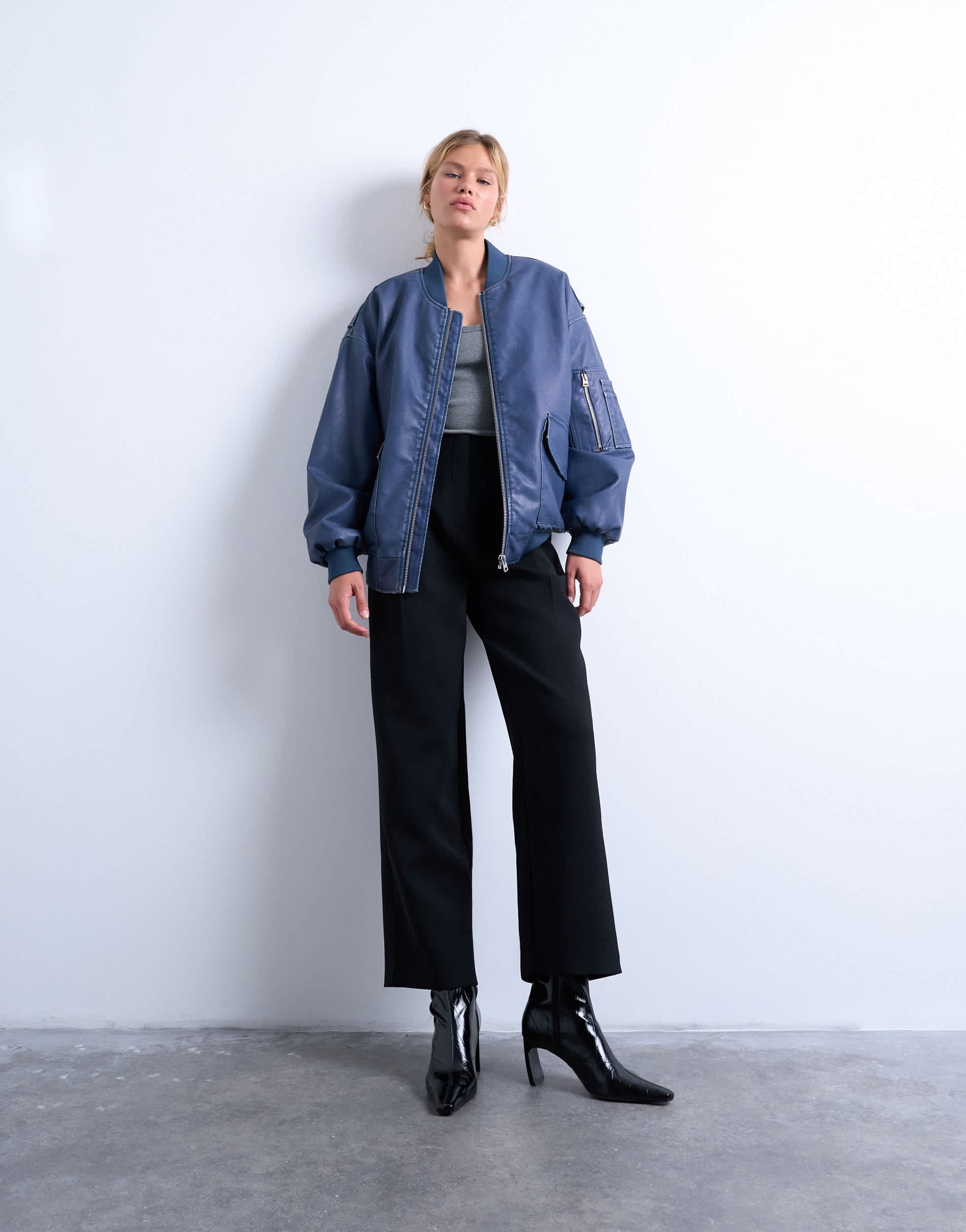 Topshop faux leather washed MA1 bomber jacket in denim blue