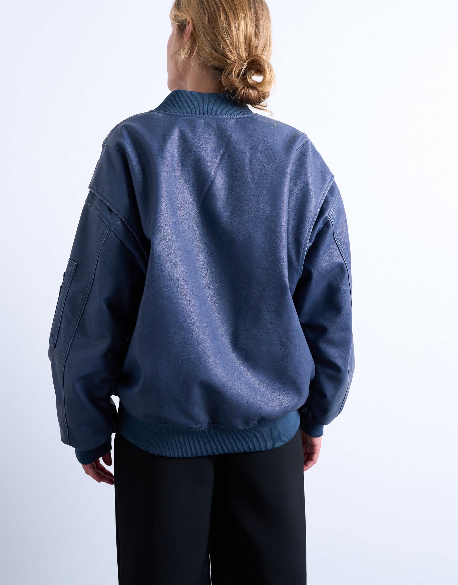Topshop faux leather washed MA1 bomber jacket in denim blue