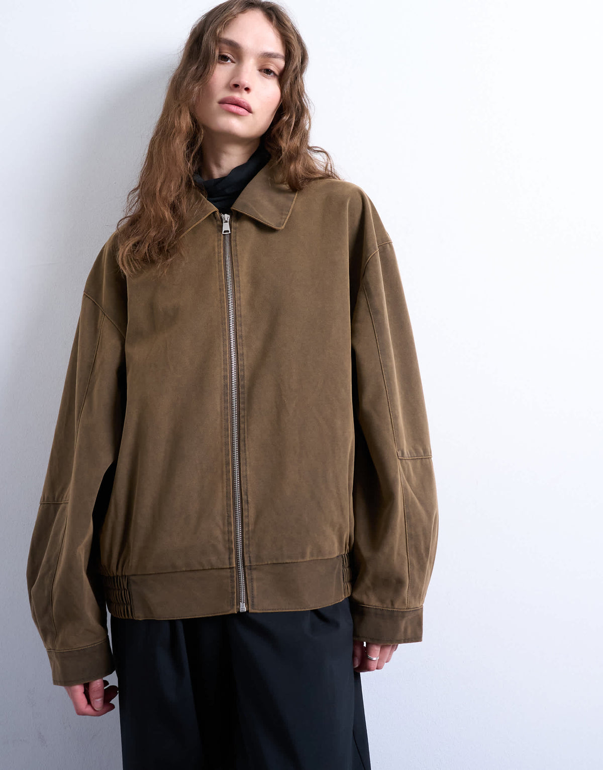 Topshop faux suede super oversized quilted lined bomber jacket with patch pockets in tan