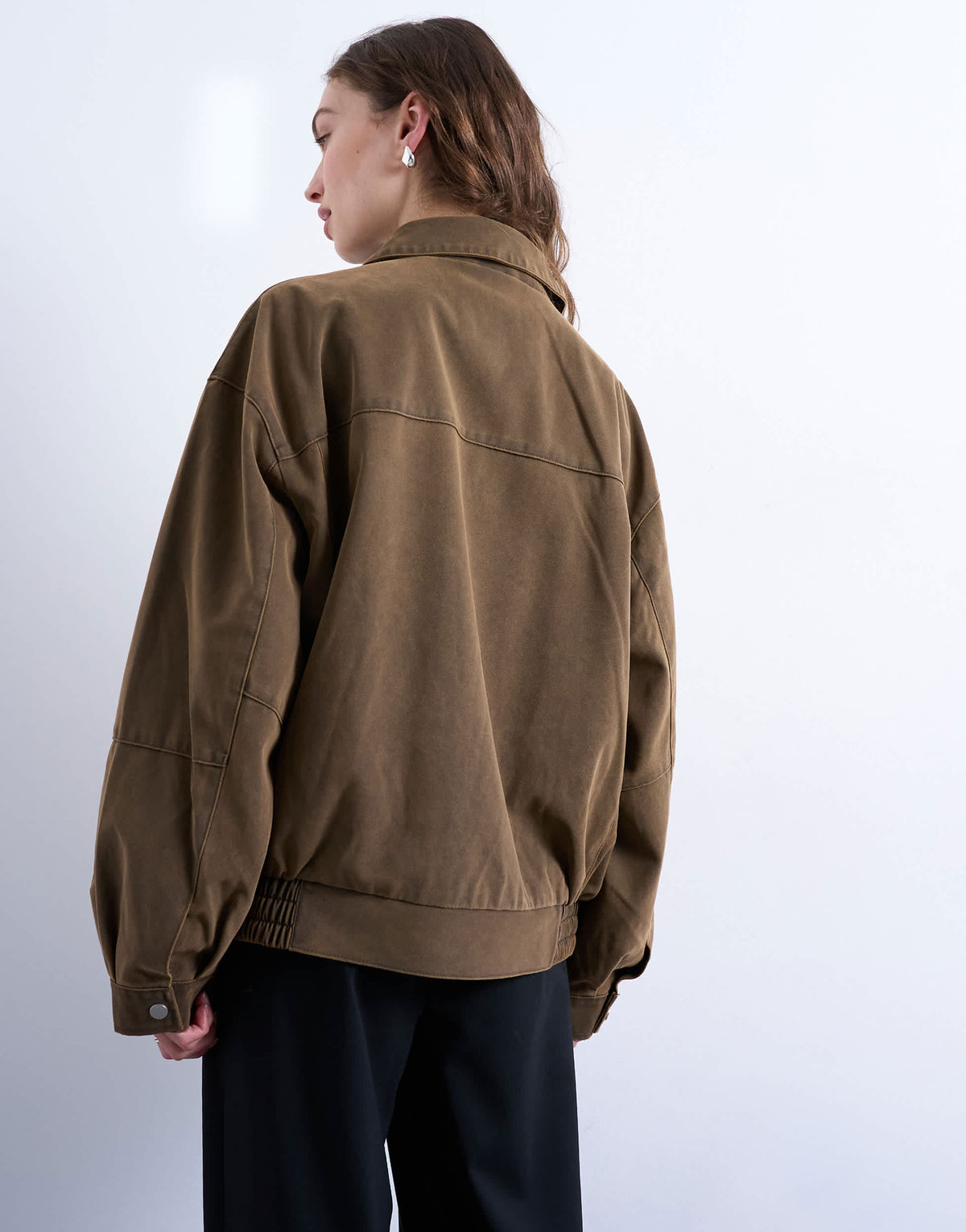 Topshop faux suede super oversized quilted lined bomber jacket with patch pockets in tan