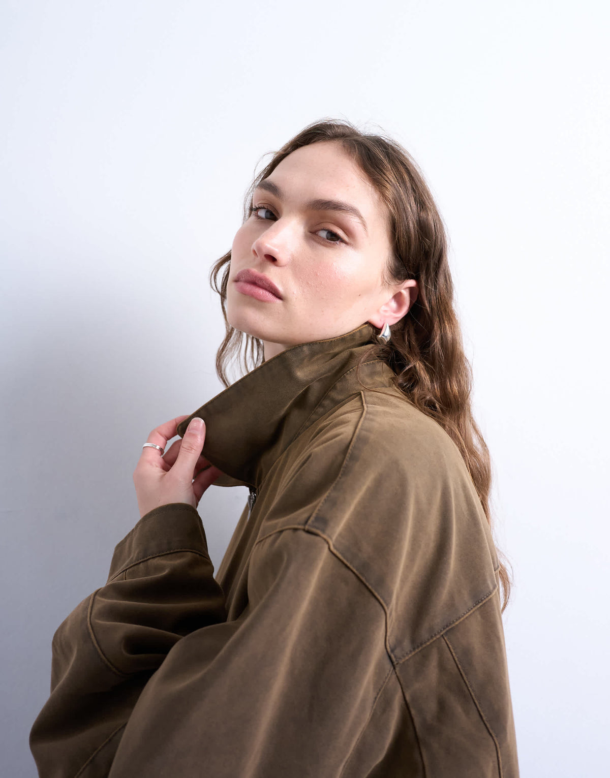 Topshop faux suede super oversized quilted lined bomber jacket with patch pockets in tan